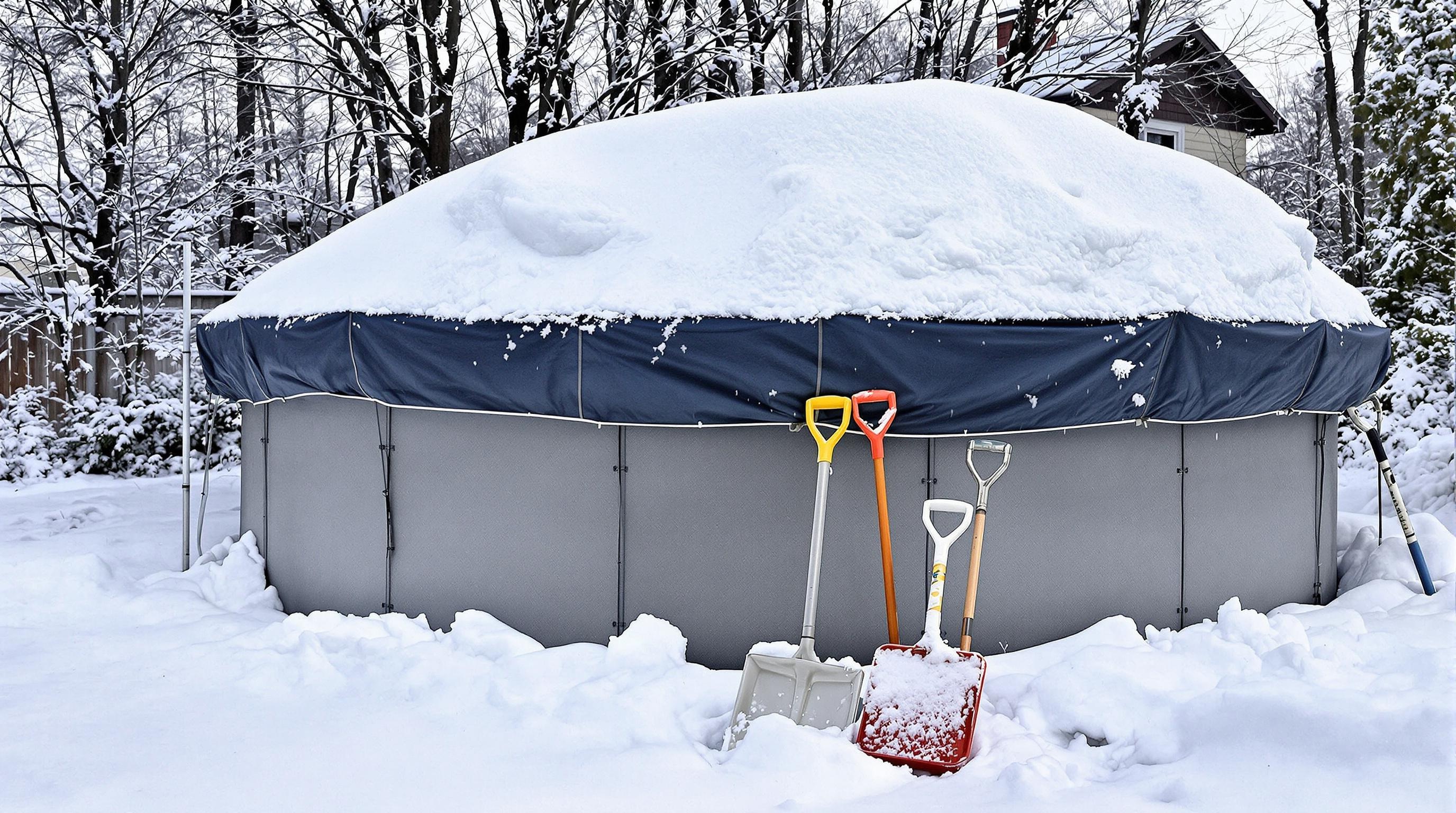 Abri piscine hors-sol avec bâche tendue pour déneigement hivernal