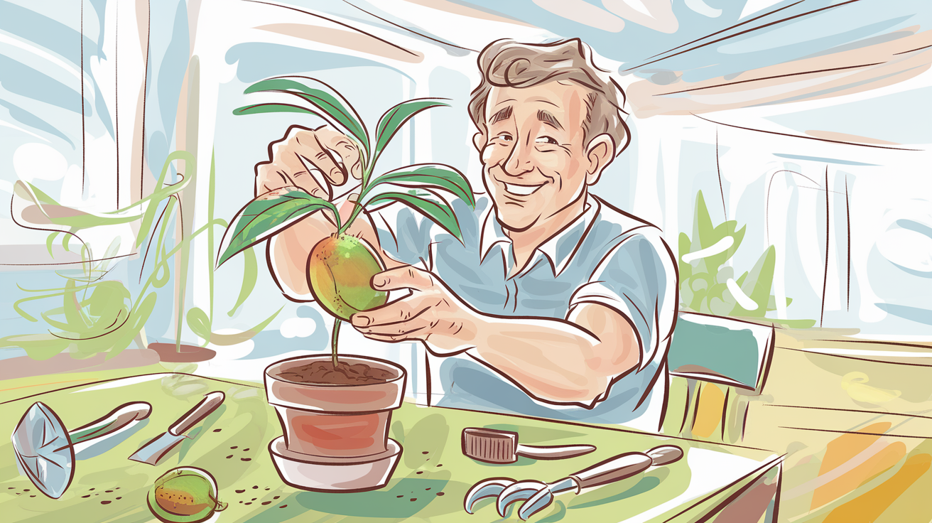 planter noyau mangue adulte sourire joyeux bande dessinée