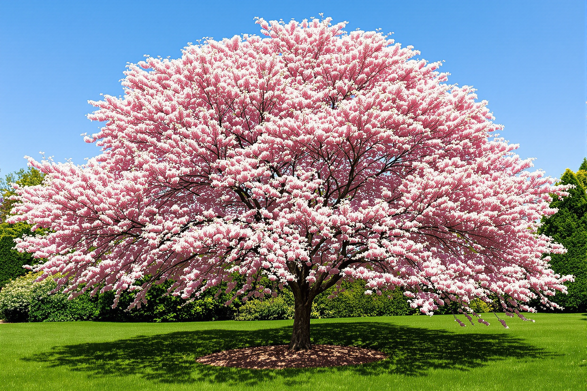Albizia arbre à soie fleuri, bien planté au soleil à bonne distance des bâtiments.