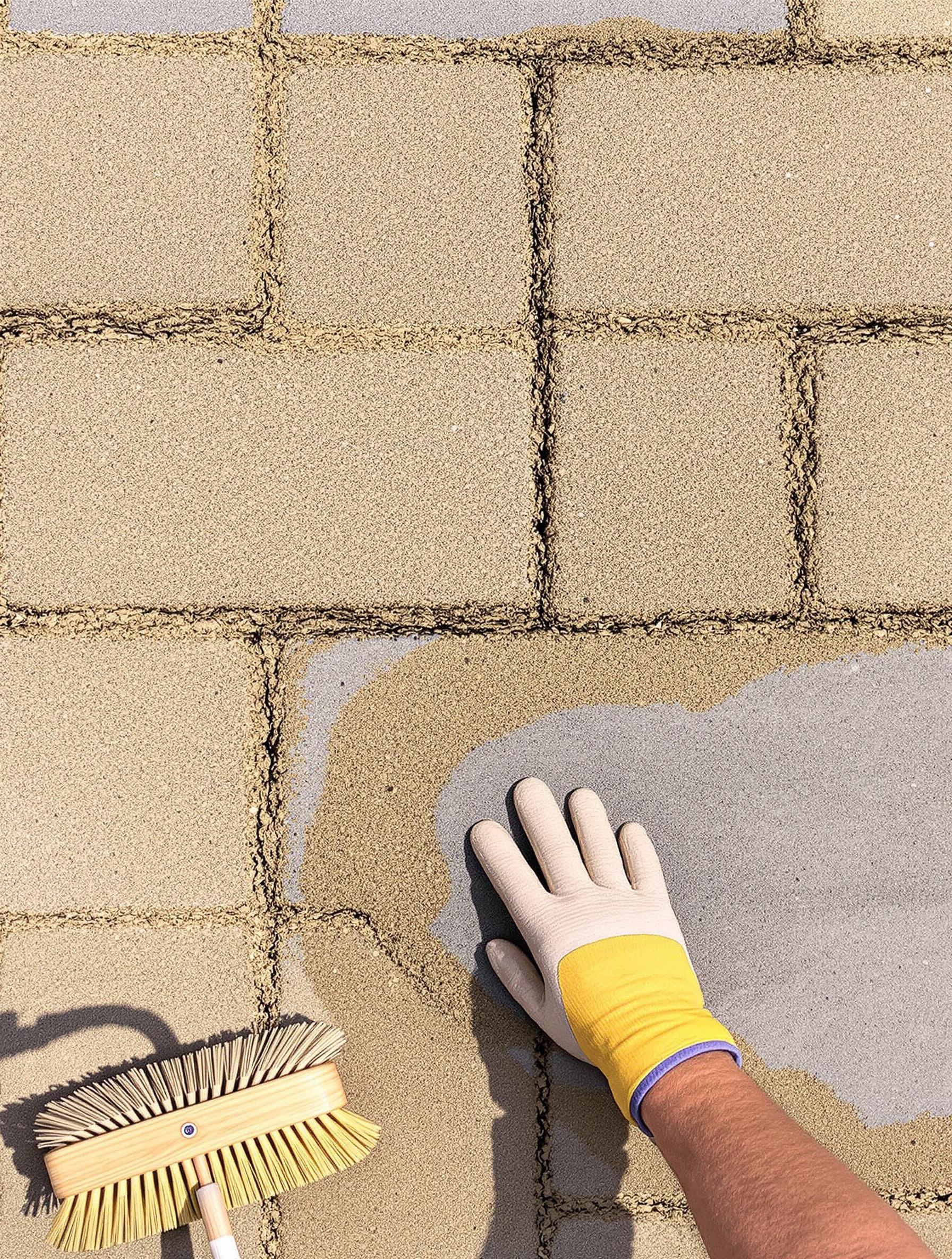 Allée en pavés carrossables : rechargement du sable polymère à la main