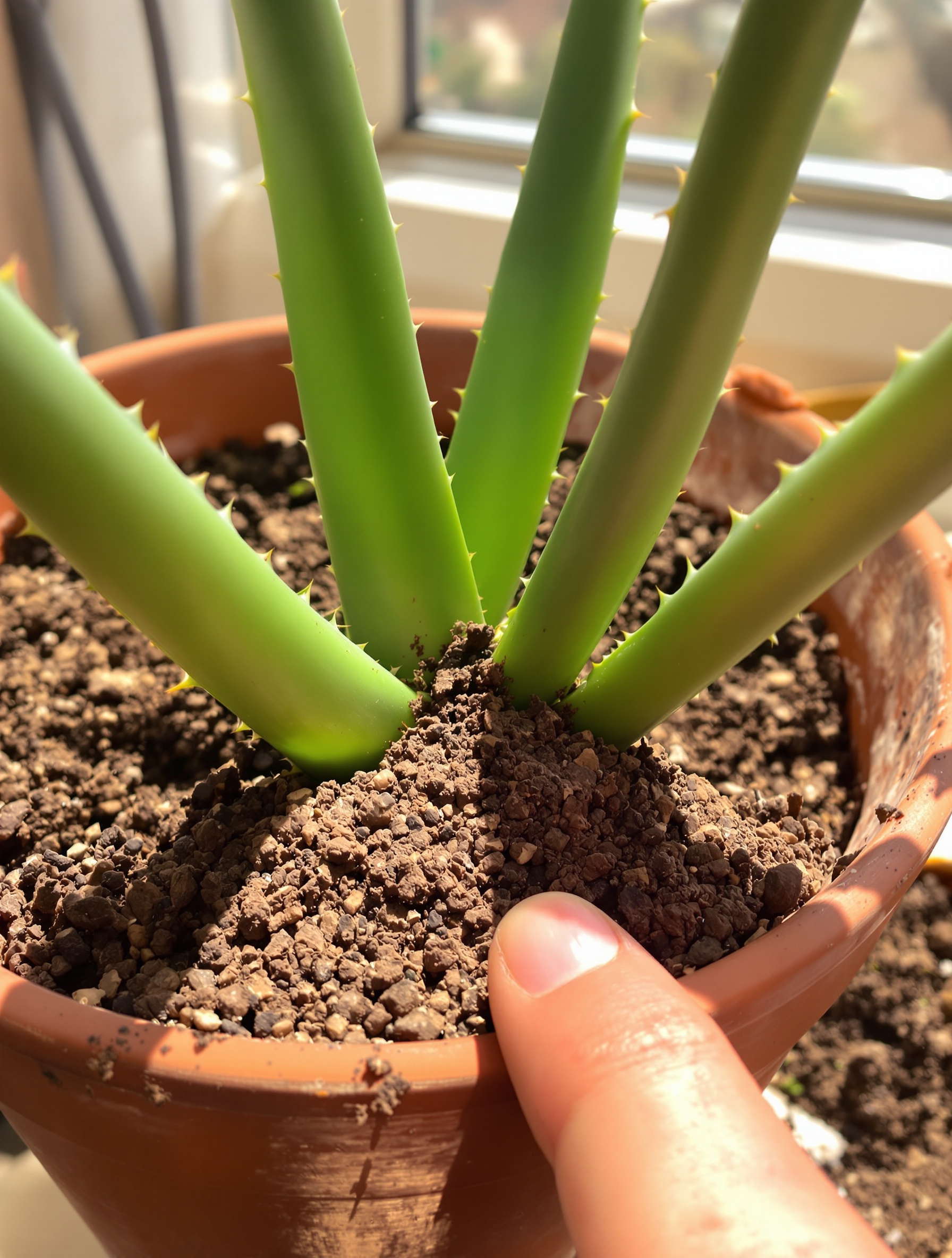 Aloe vera lumière pot terre cuite test doigt