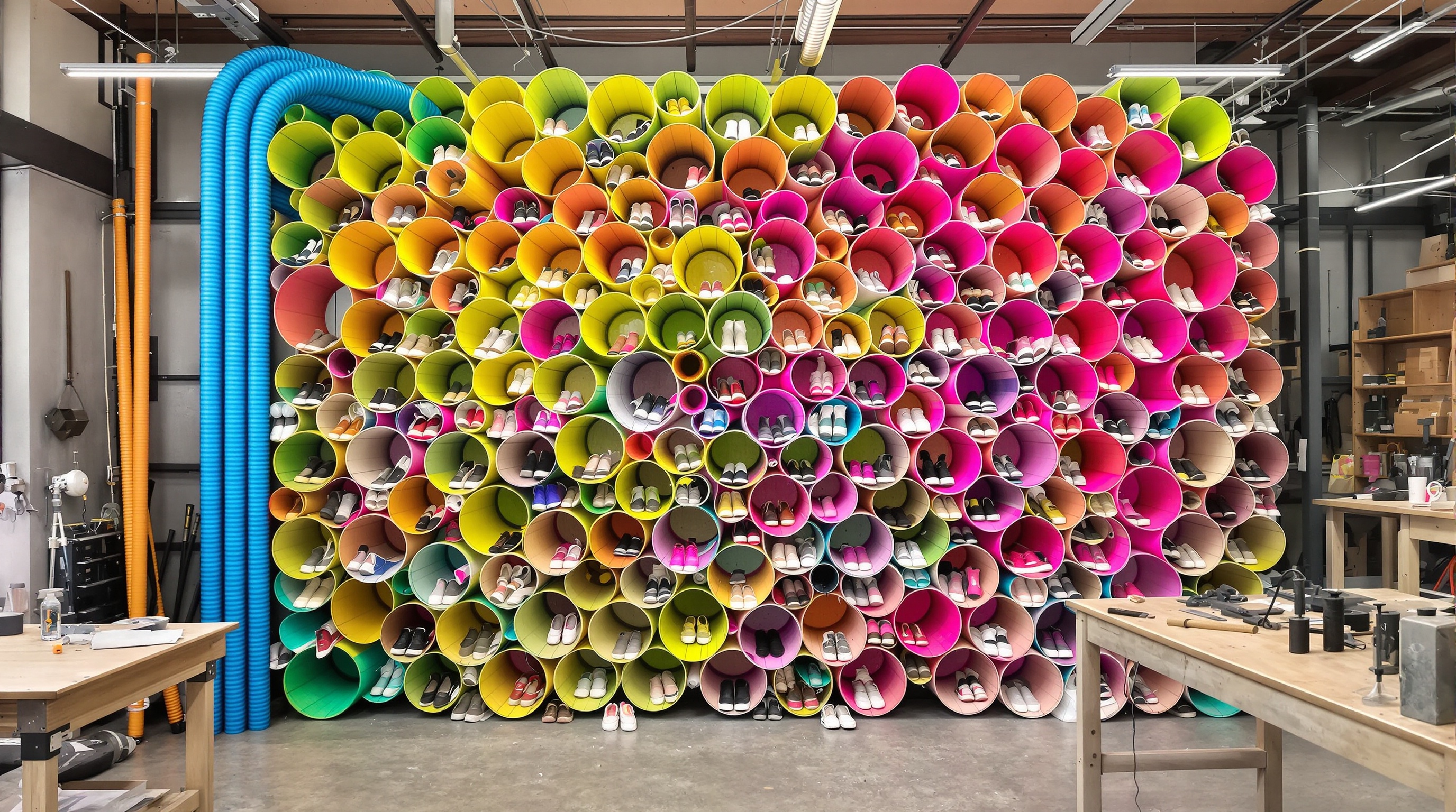 Tubes PVC colorés assemblés horizontalement pour former des niches à chaussures DIY