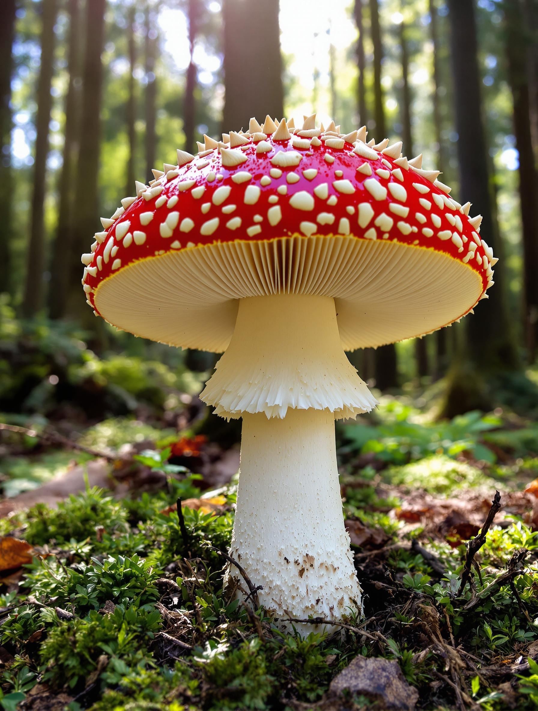 Amanite tue-mouche avec chapeau rouge, plaques blanches, pied, anneau et volve