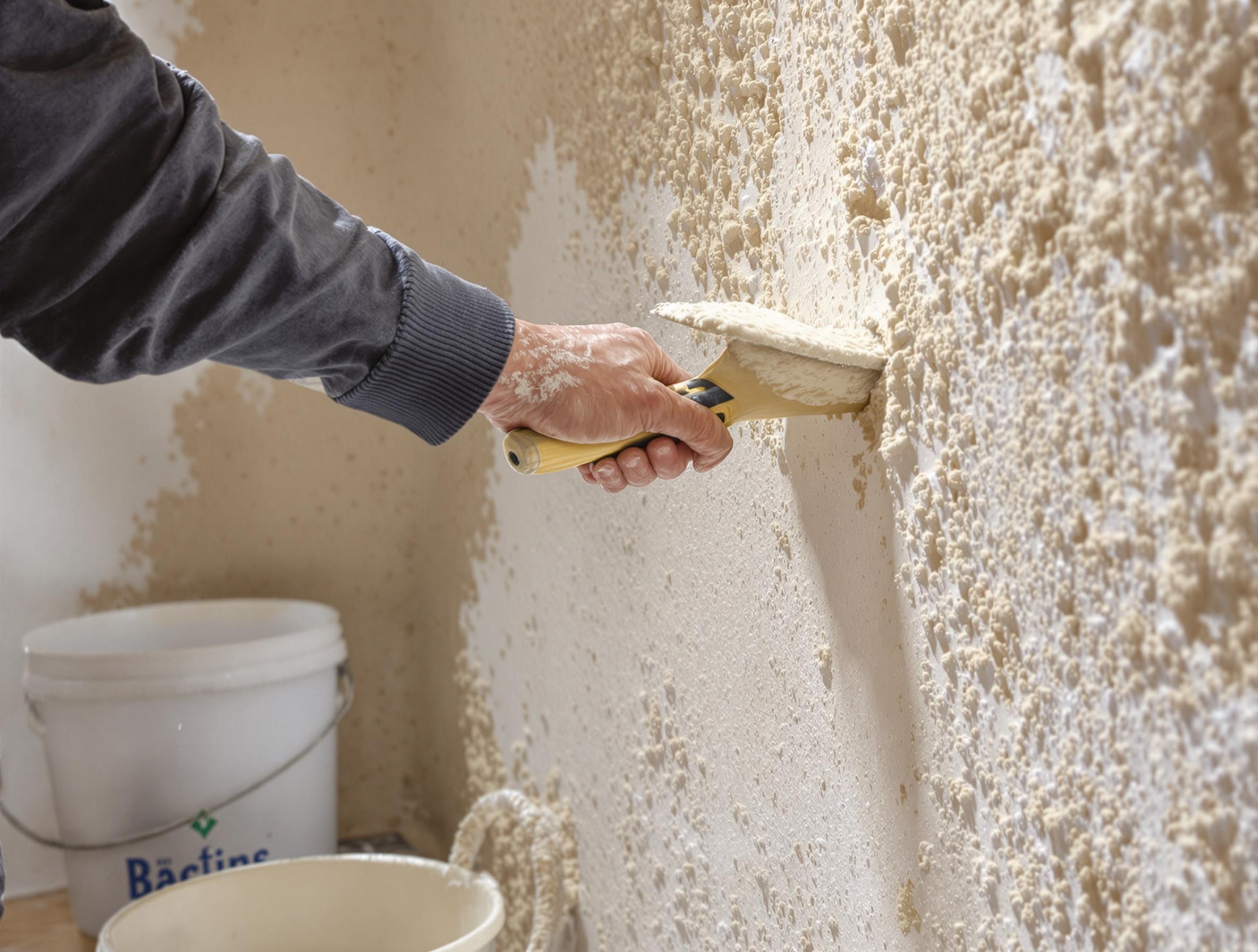 Application d’un enduit à la chaux aérienne sur un mur brut de cave pour limiter l’humidité.
