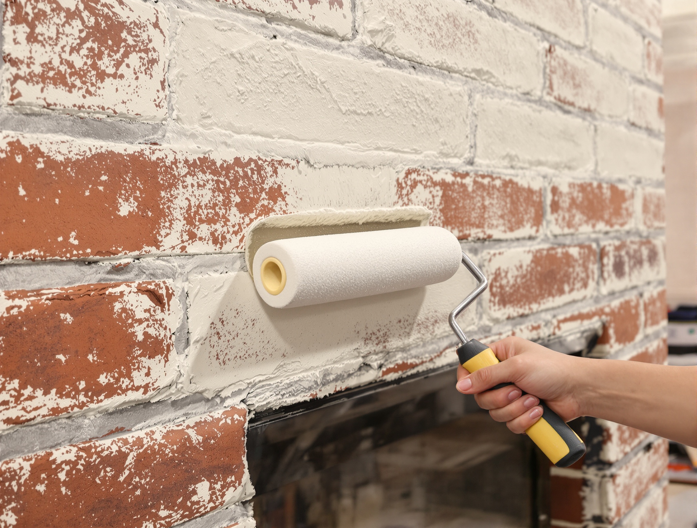 Application minutieuse d’une première couche de peinture sur une cheminée en brique à l’aide d’un rouleau adapté aux surfaces rugueuses. La main est ferme et attentive aux reliefs.