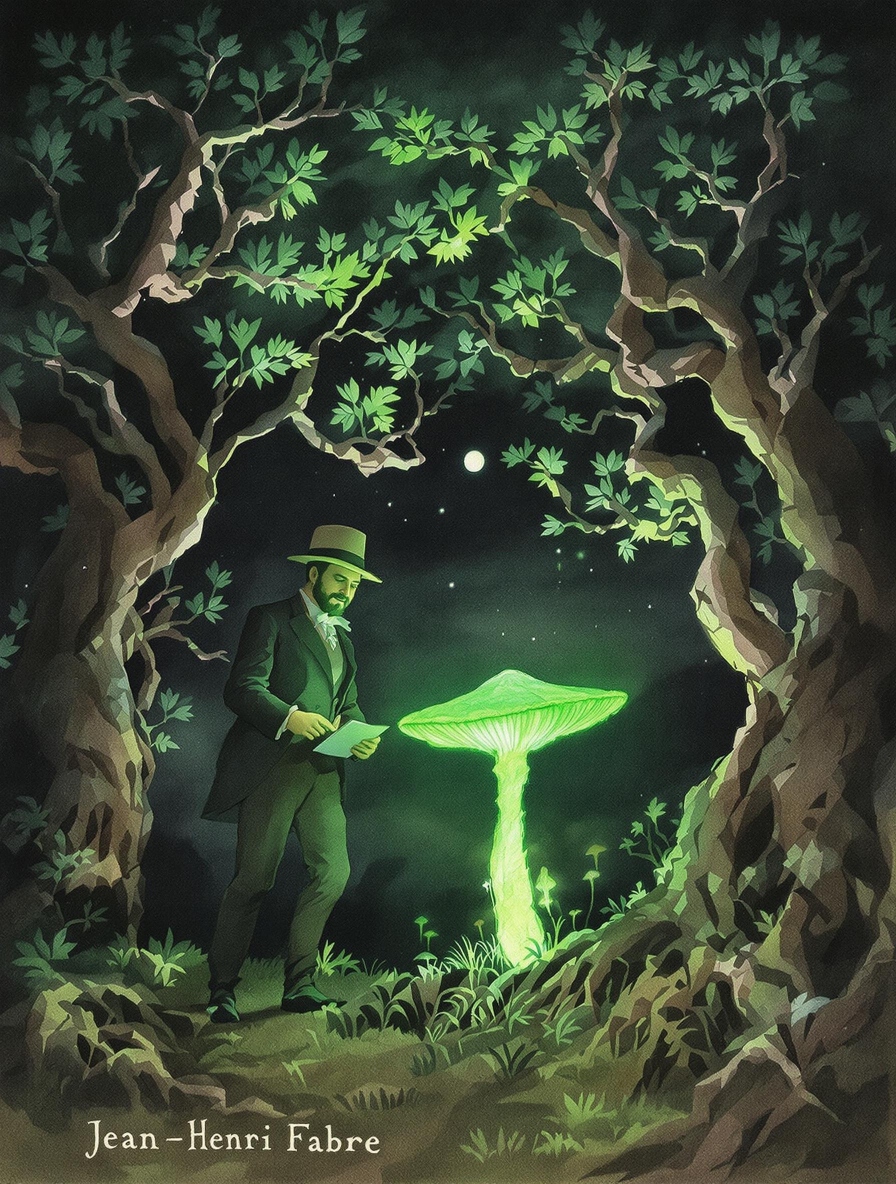 Jean-Henri Fabre observant le Pleurote de l'olivier bioluminescent.