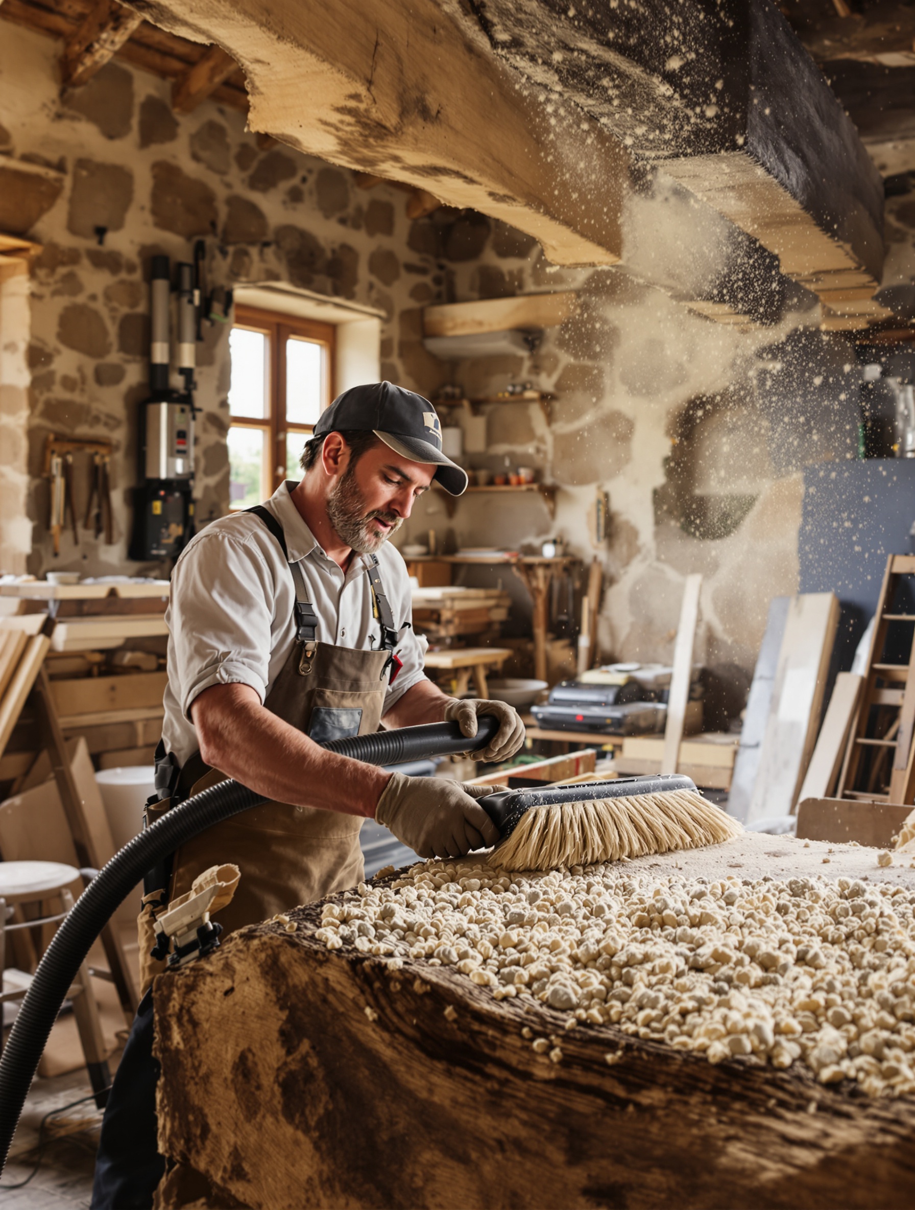 Artisan dépoussiérant une poutre de charpente avant isolation