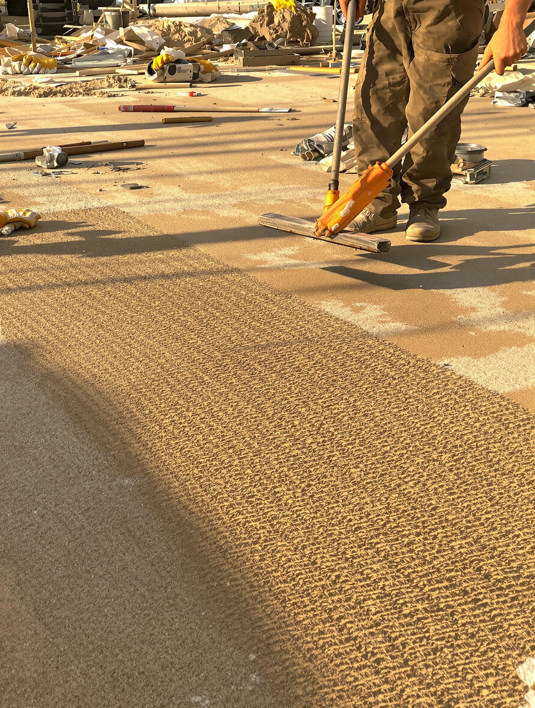 Artisan étalant du sable avec râteau et règle sur chantier de pavage