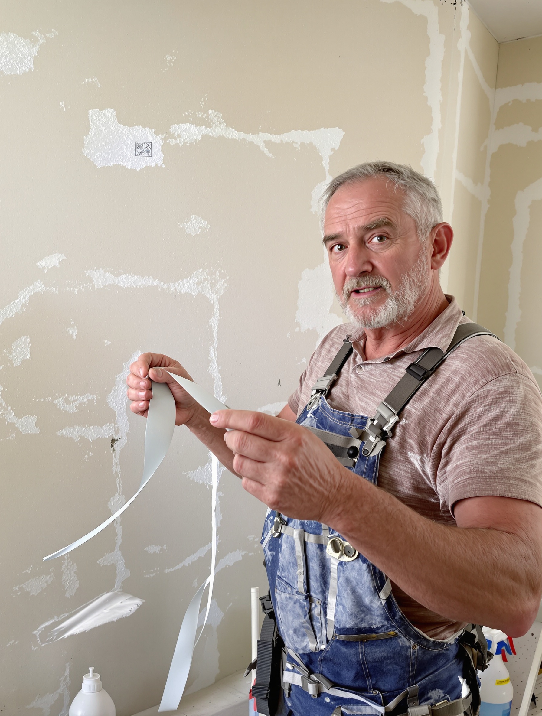 Plaquiste expérimenté évaluant une bande humidifiée sur chantier