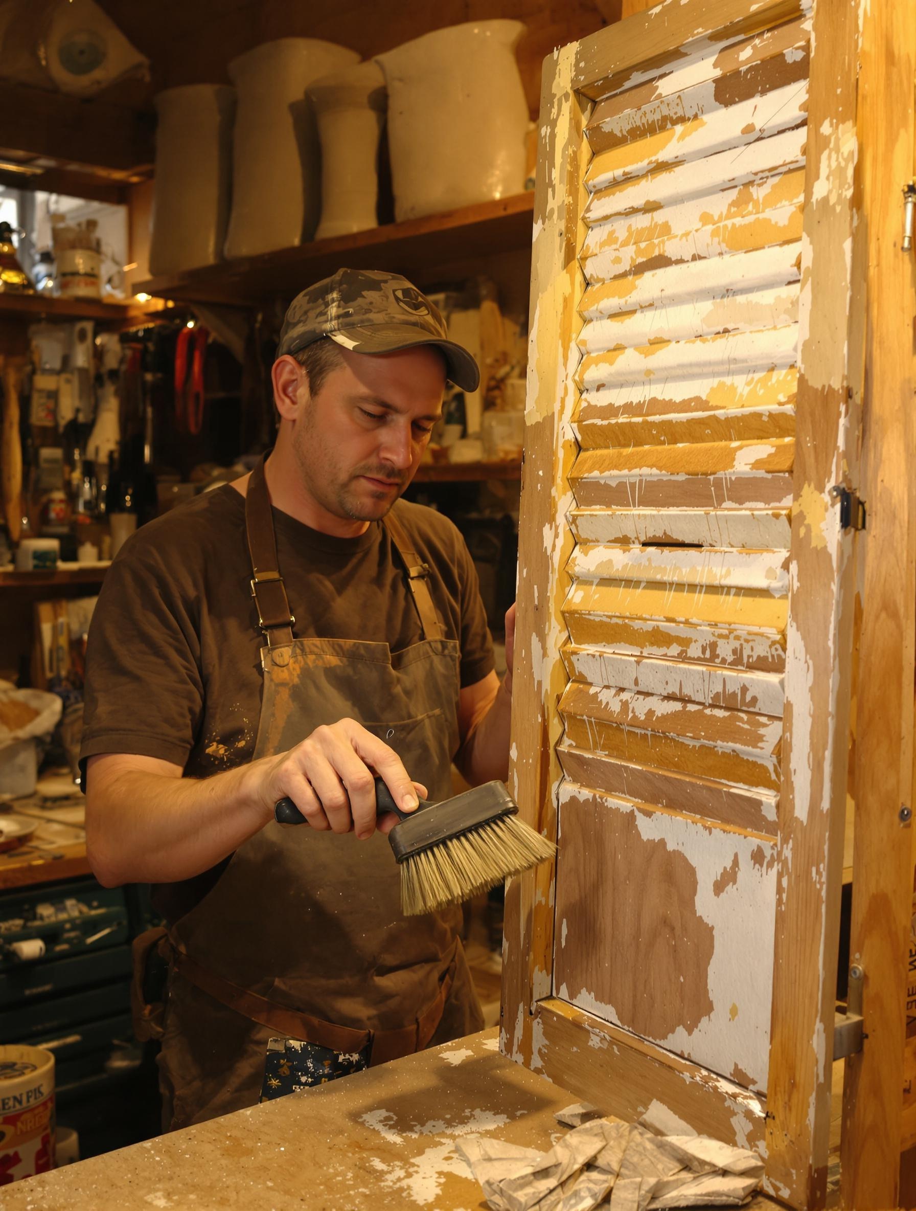 Artisan nettoyant un volet en bois avec brosse et grattoir