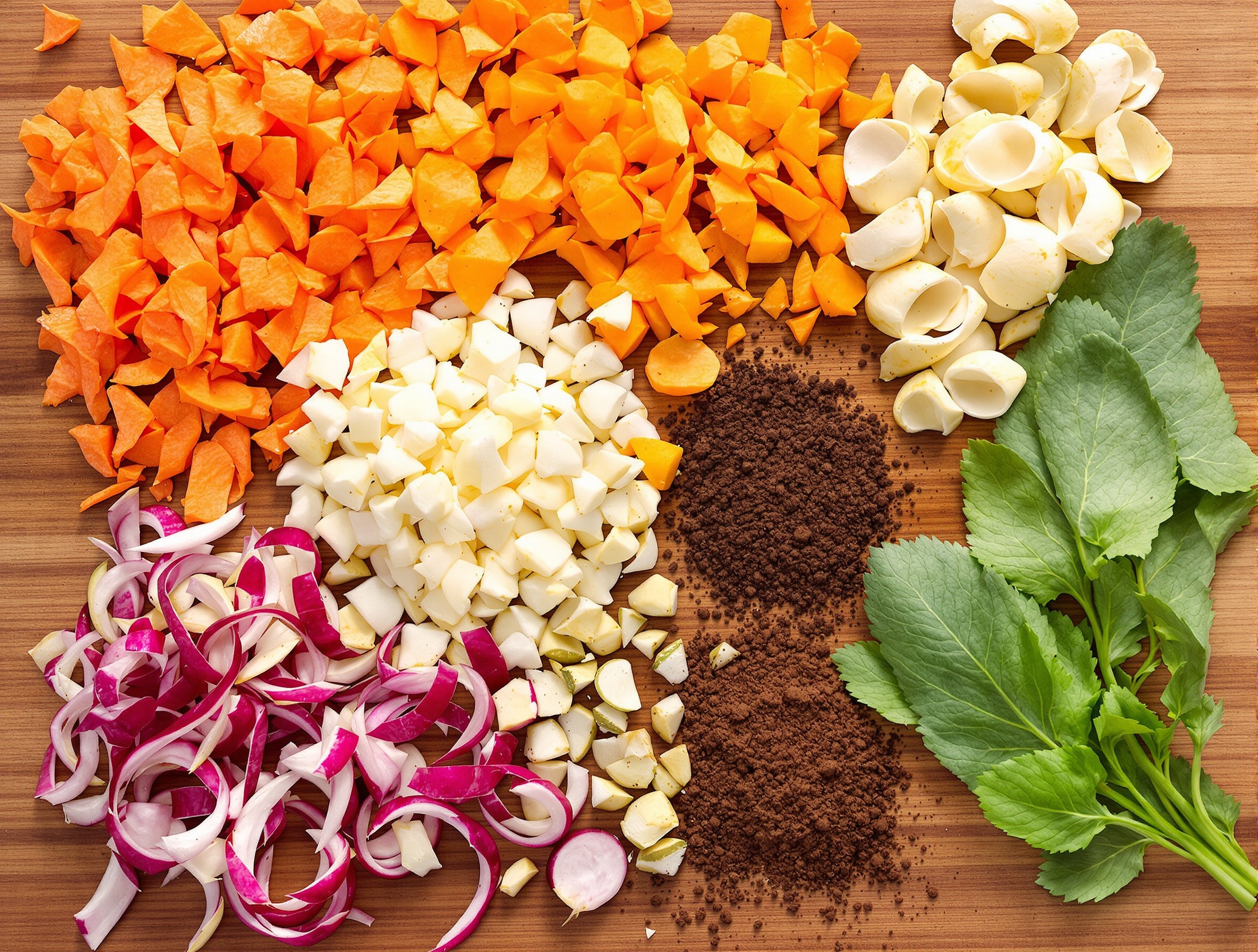 Biodéchets de cuisine colorés sur une planche à découper, prêts pour le compost.