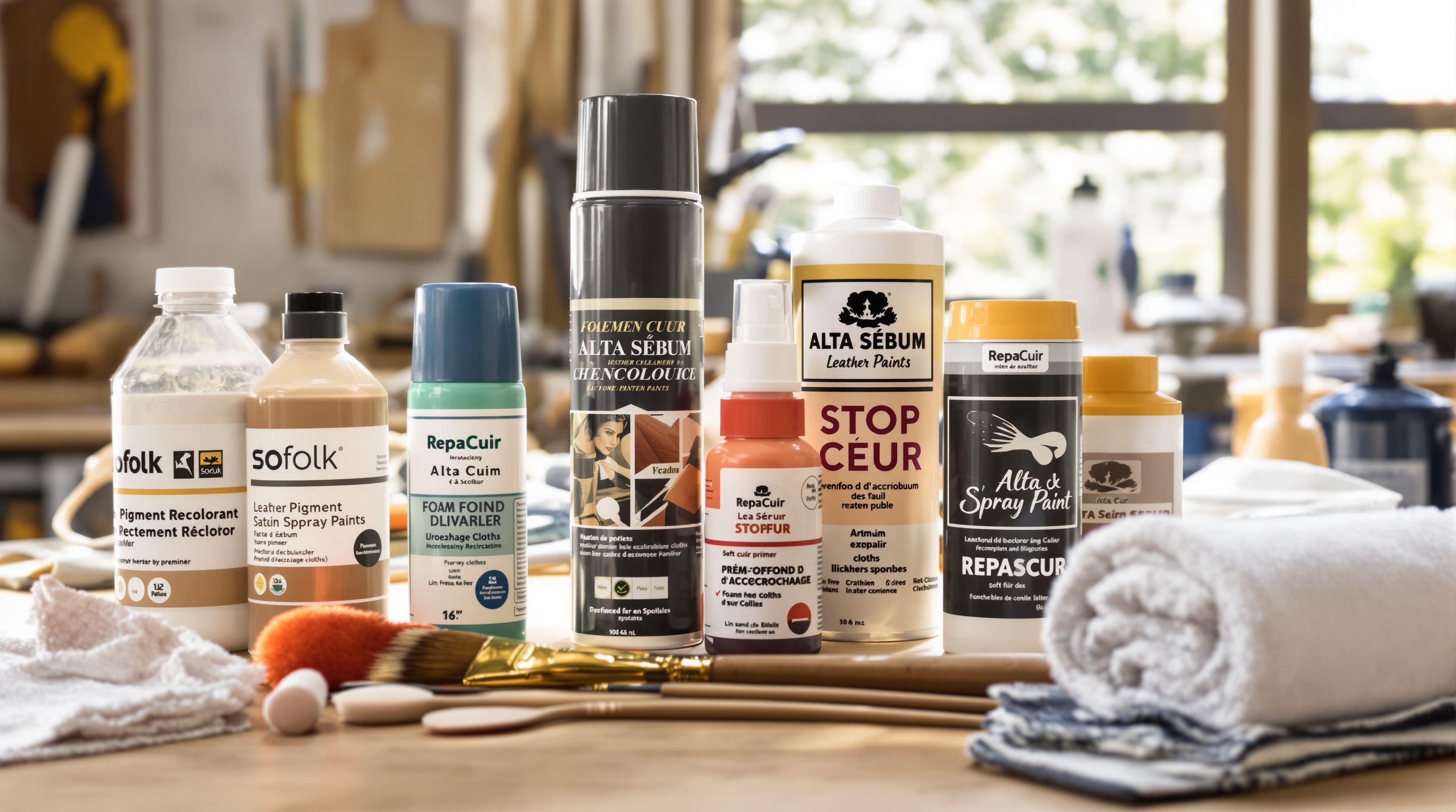 assortiment produits teinture cuir pinceaux aérosols recolorants