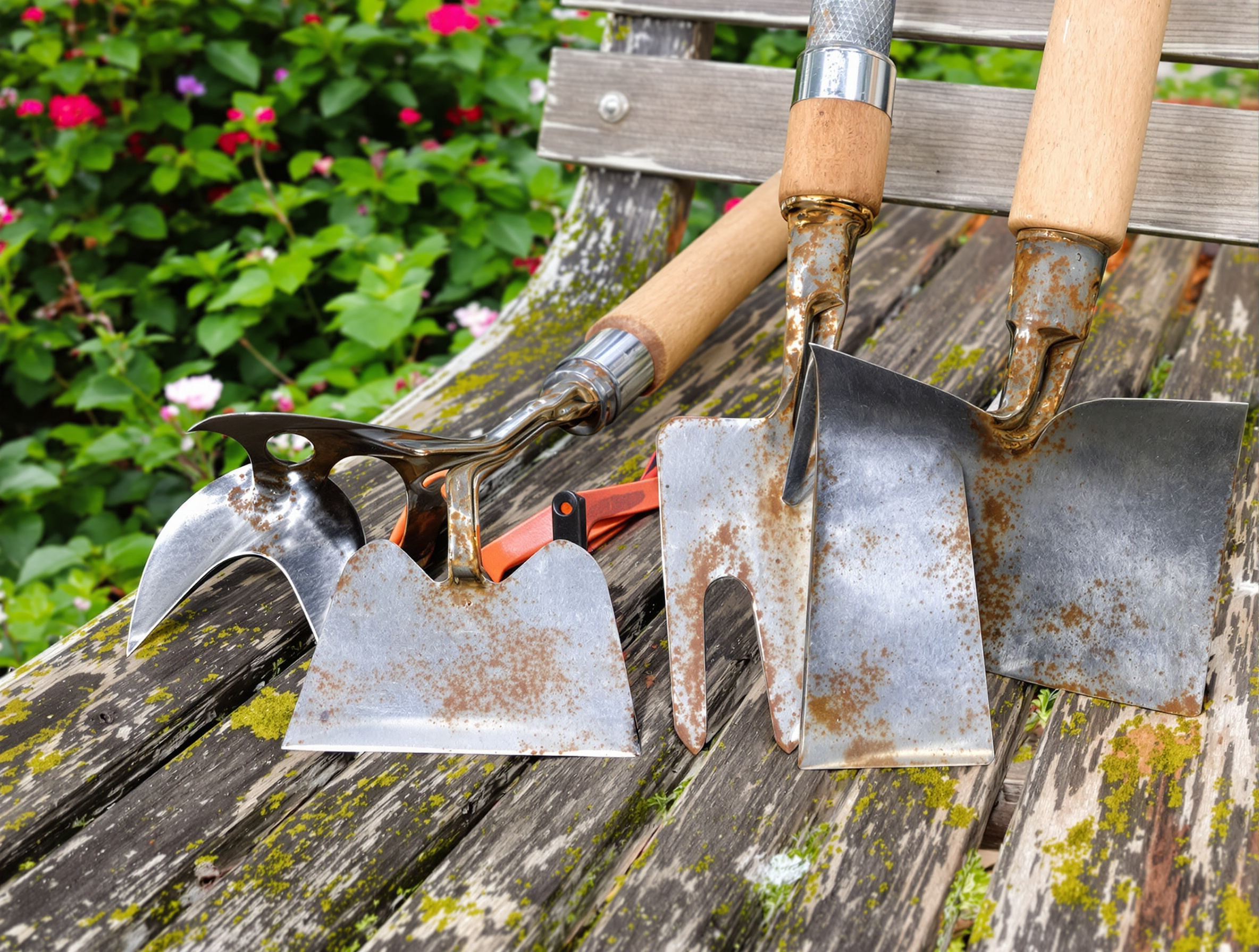 têtes d'outils de désherbage sur un banc en bois dans un jardin
