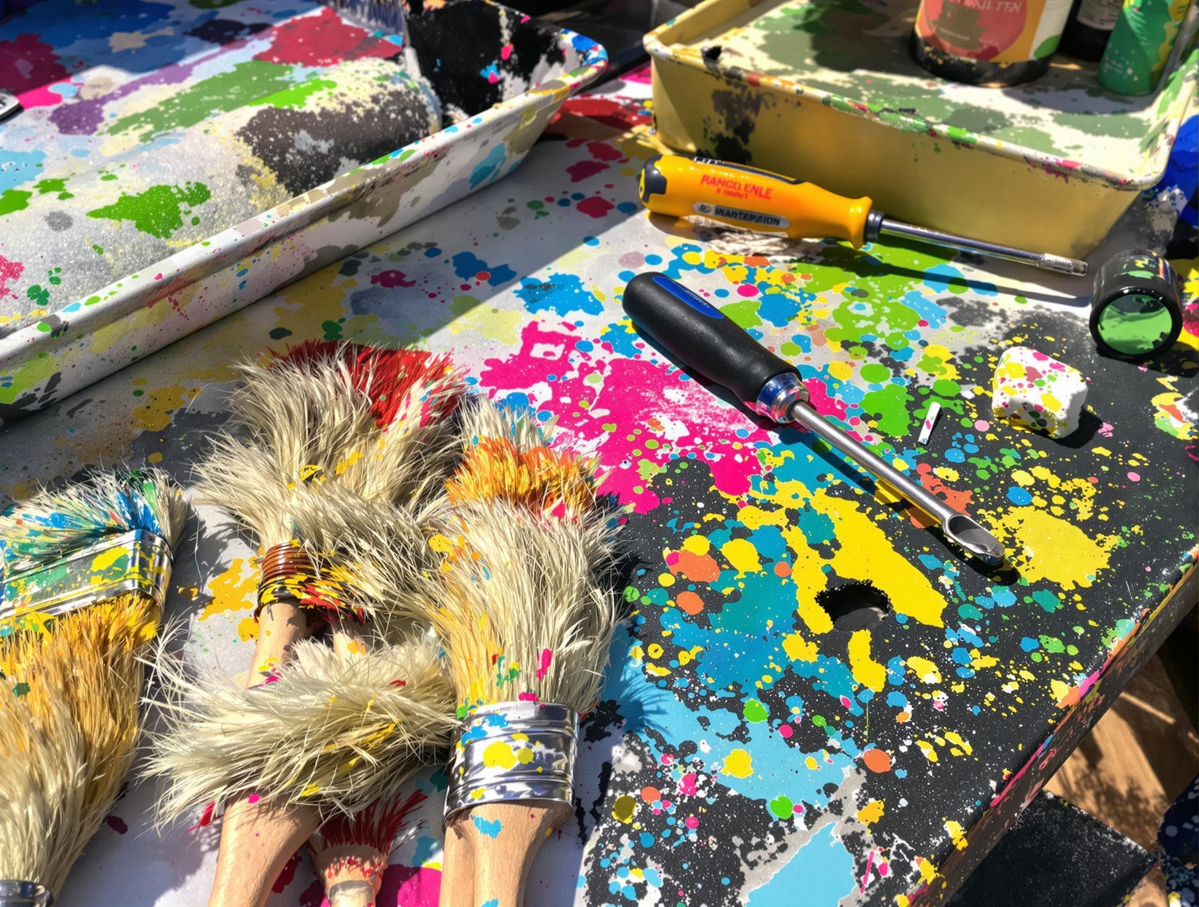 Atelier de peinture avec pinceaux, rouleaux et outils en désordre