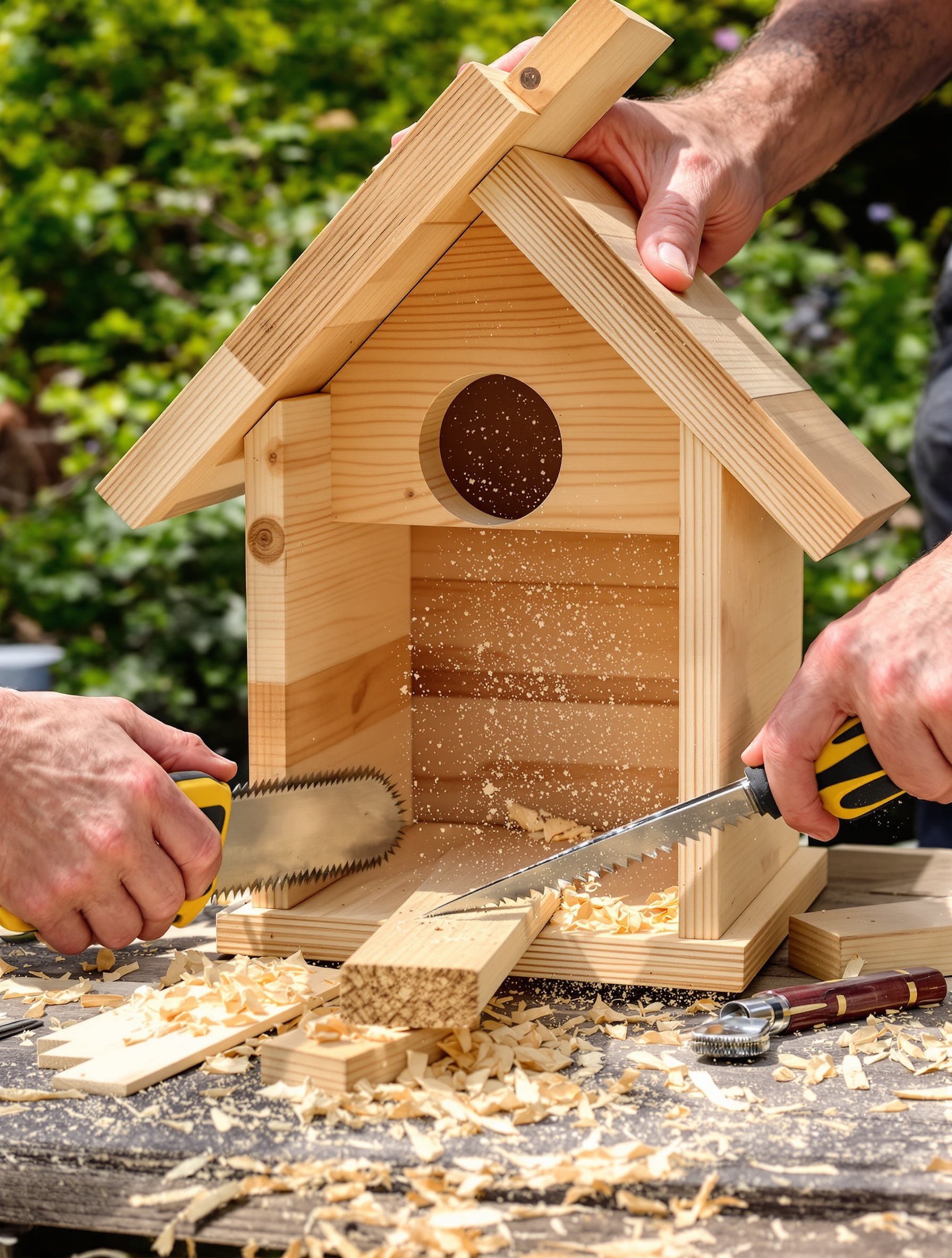 Atelier de bricolage nichoir semi-ouvert bois outils main sciure
