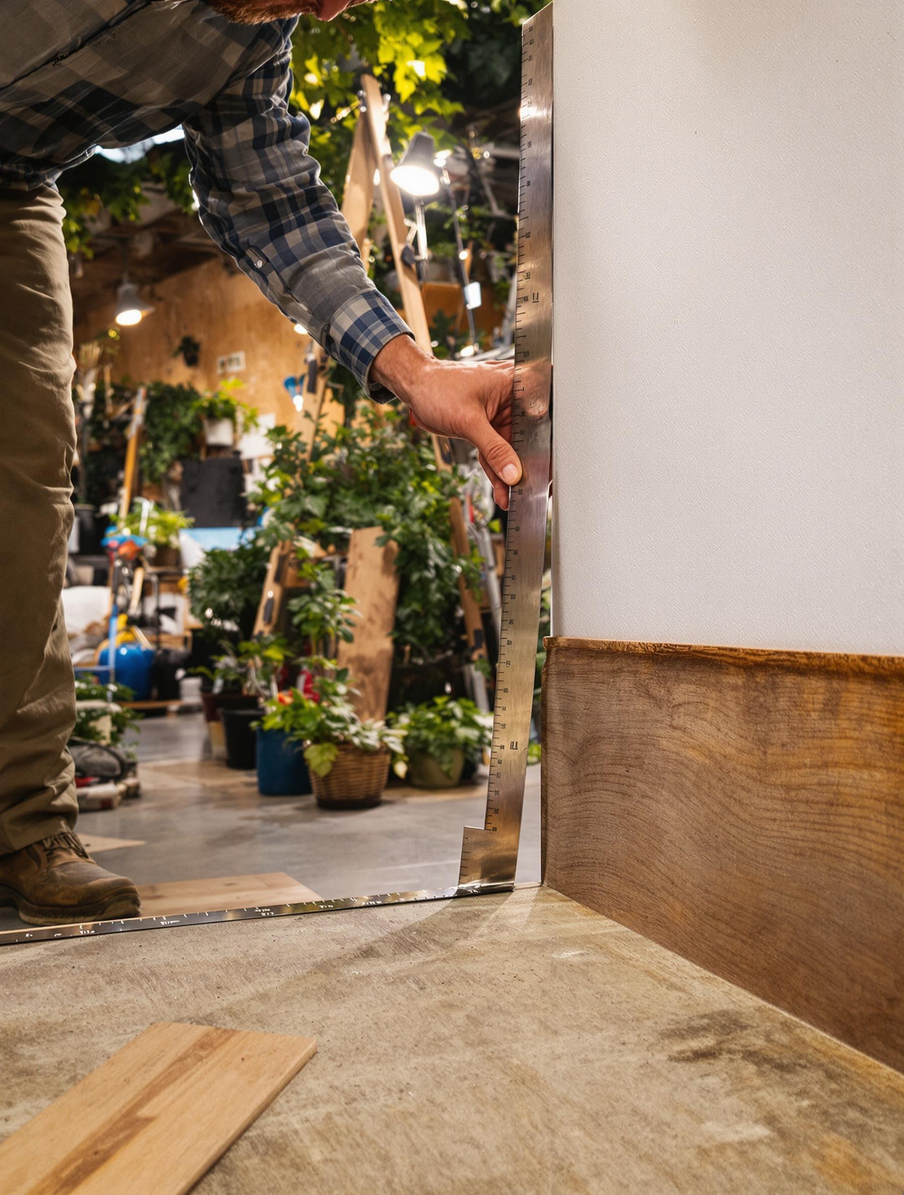 Bricoleur mesurant un angle sortant pour une plinthe dans un atelier.