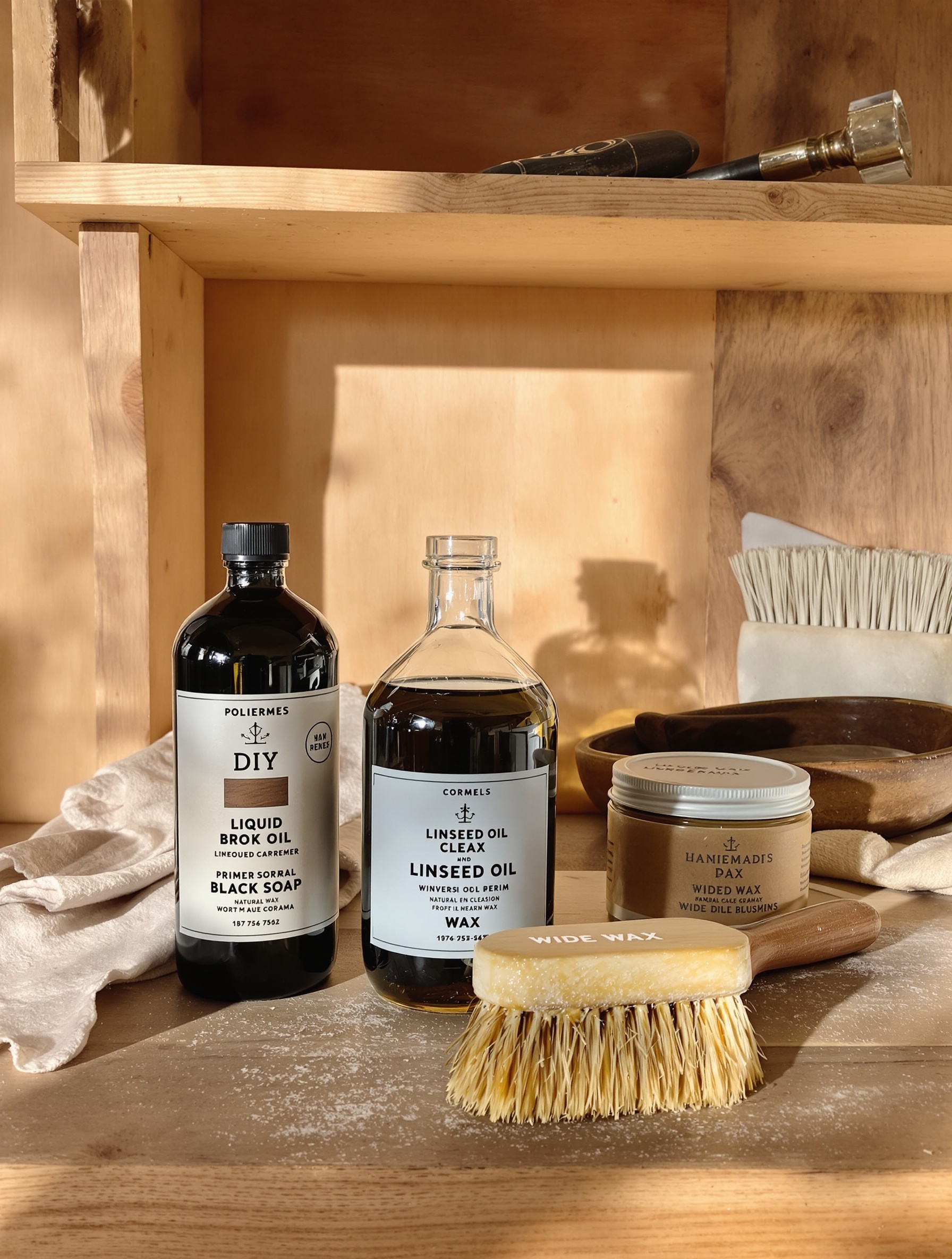 Produits naturels entretien meuble bois savon noir huile lin chiffon atelier