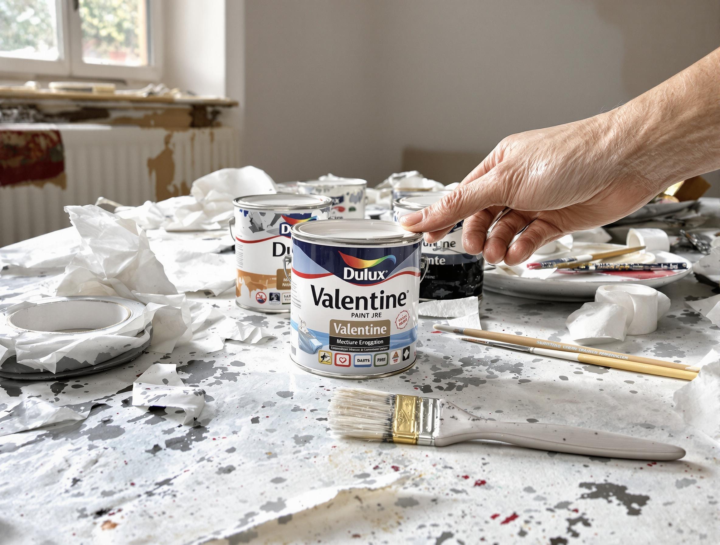 Peinture Dulux Valentine dans un chantier de bricolage avec pinceaux et tâches