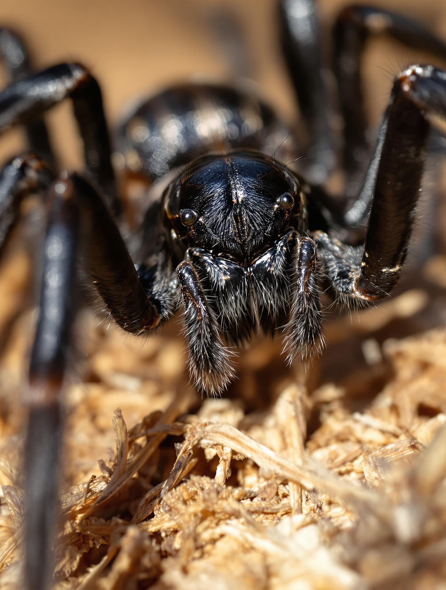 Morphologie de la Mygale de Provence avec son corps sombre et ses pattes veloutées