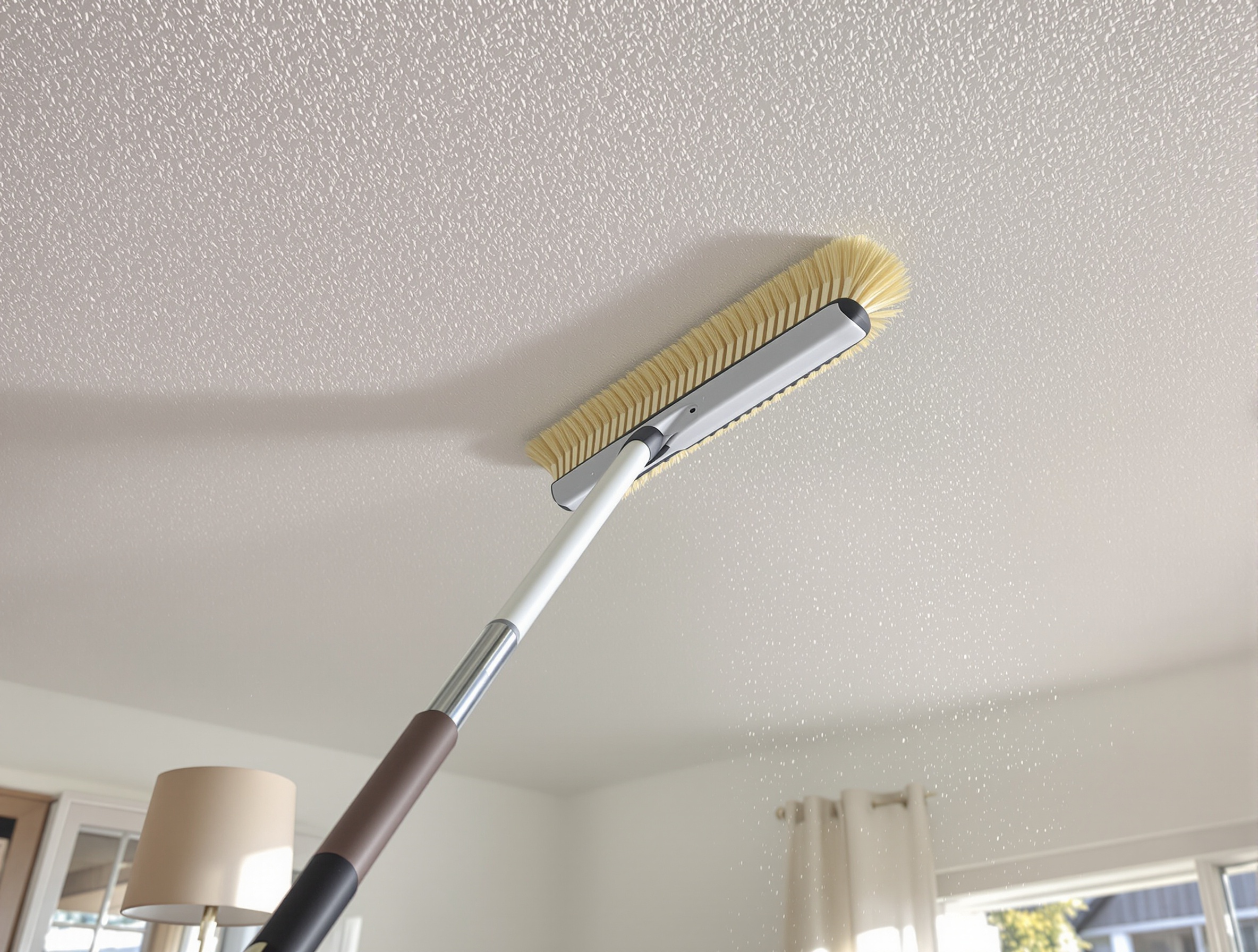 Dépoussiérage plafond avec balai télescopique à brosse douce.