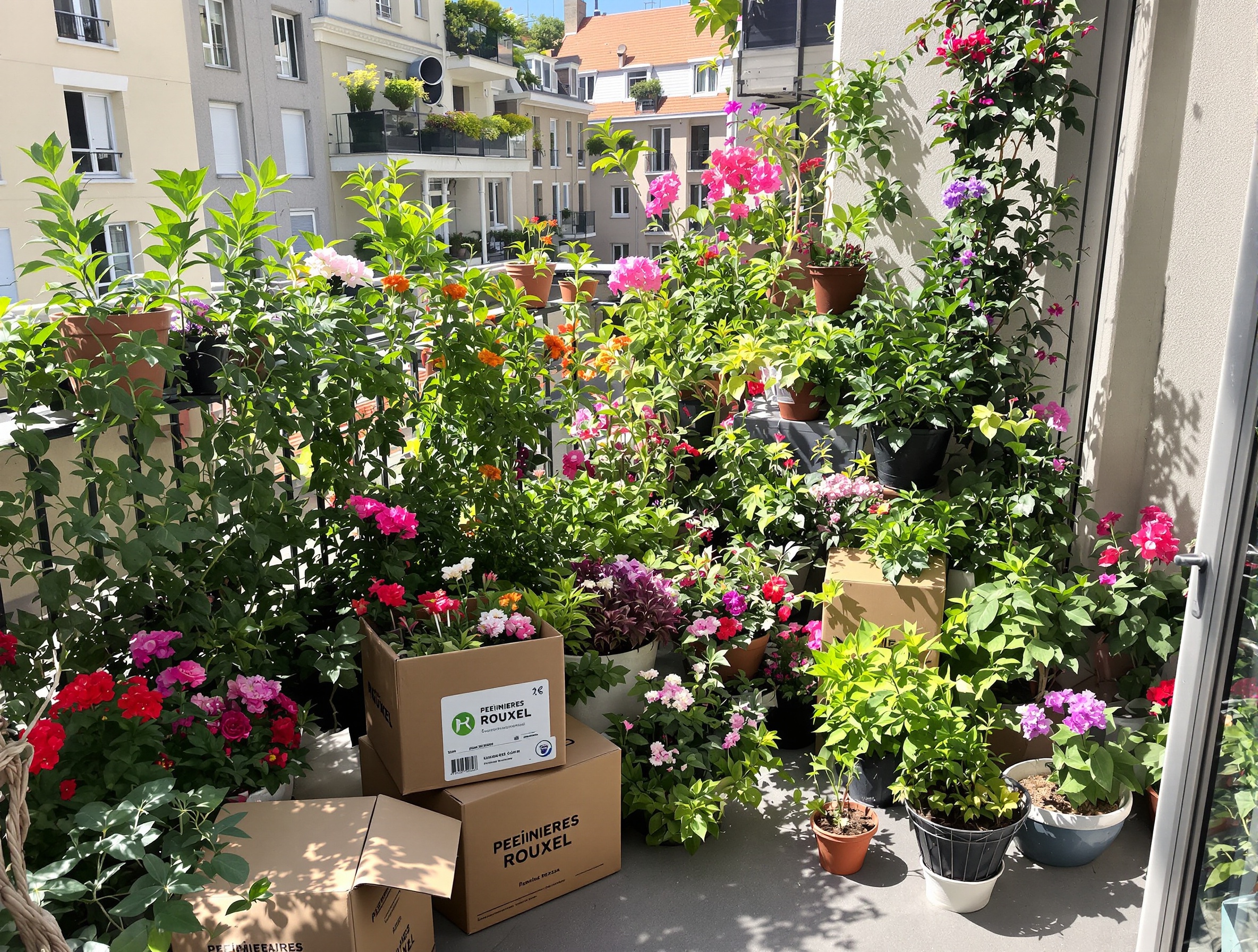 Balcon urbain transformé en mini-jardin foisonnant grâce à des plantes fraîchement livrées, cartons ouverts affichant l’étiquette Pépinières Rouxel.