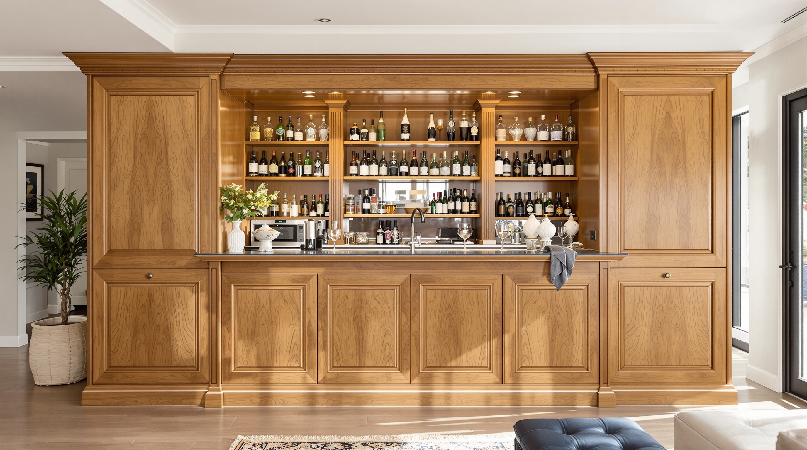 Bar en bois sur-mesure avec finition haut de gamme intégré dans un salon lumineux.