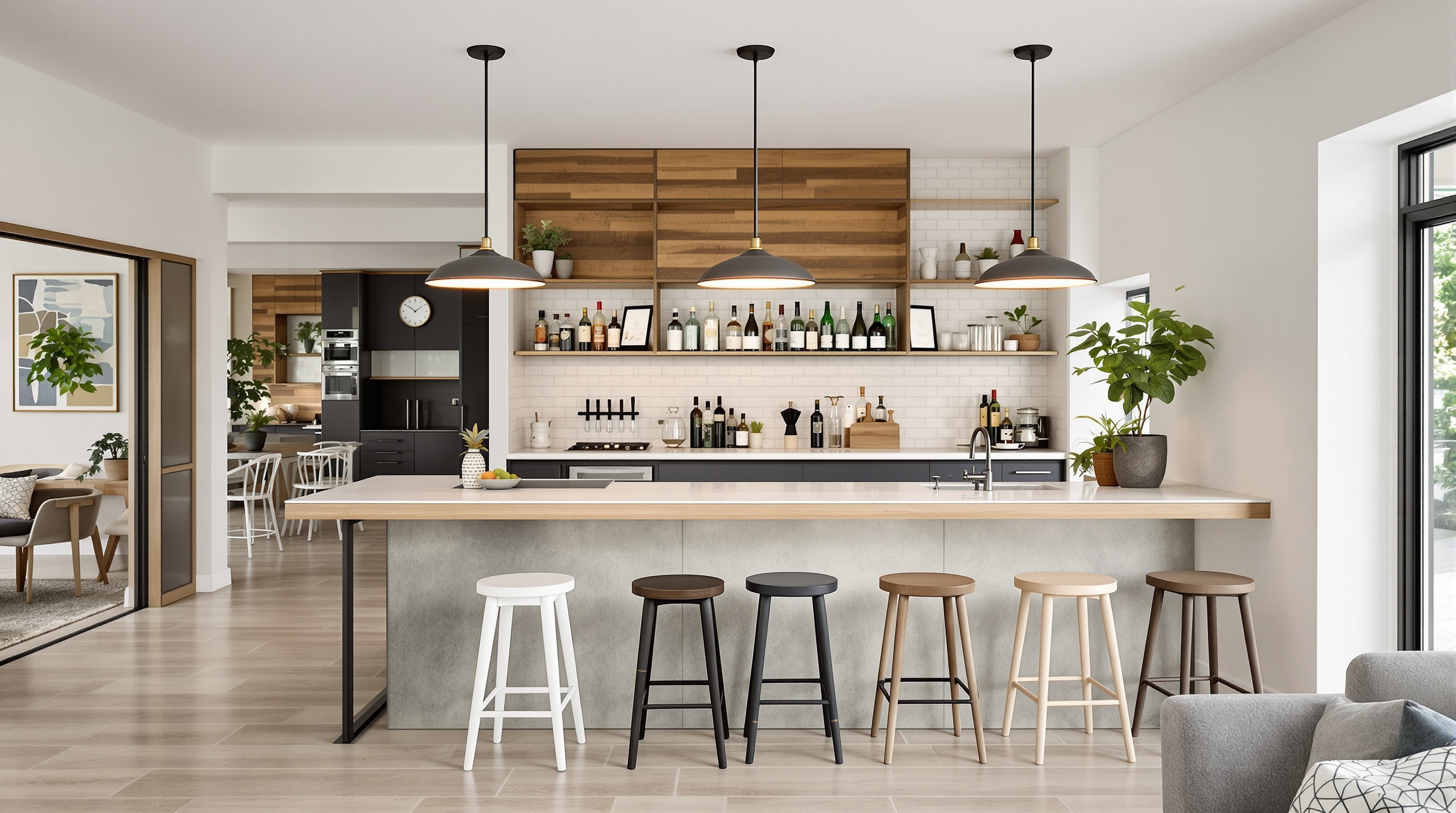 Bar personnalisé moderne et chaleureux dans un salon familial, avec plusieurs hauteurs et tabourets dépareillés.