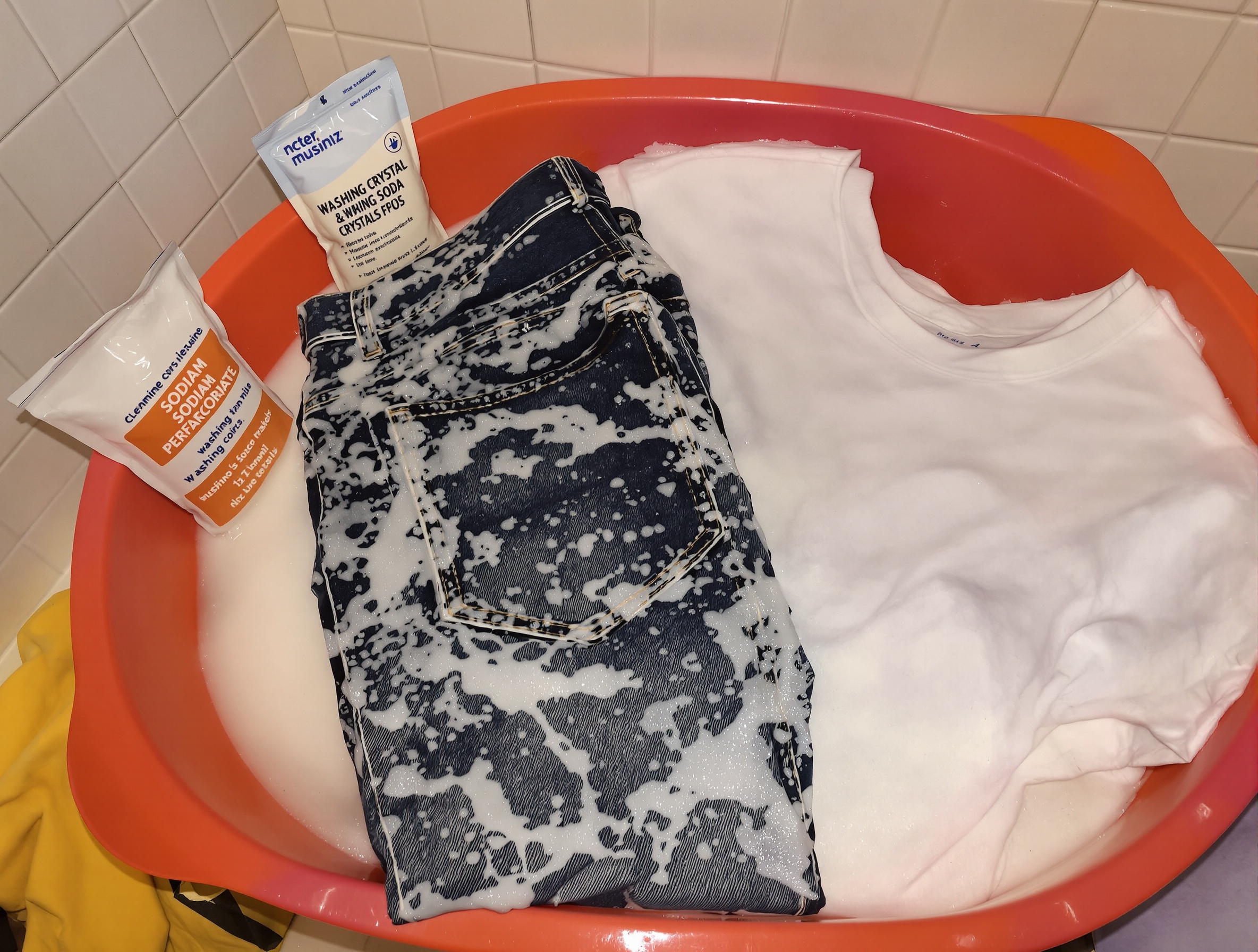 Jean épais et t-shirt blanc en sauvetage dans une bassine mousseuse avec paquets ouverts de percarbonate et cristaux de soude.