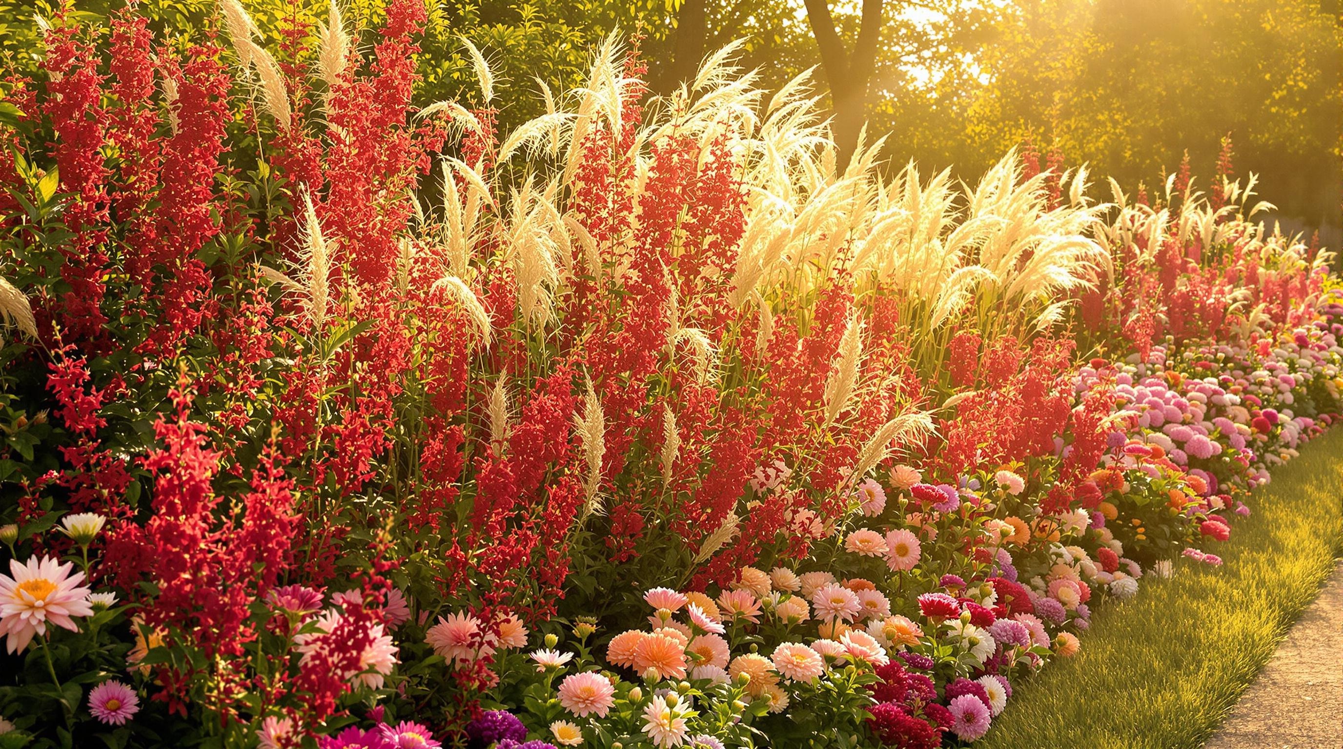 Bazar végétal harmonieux avec Crocosmia rouge, graminées blondes et Dahlias pastel