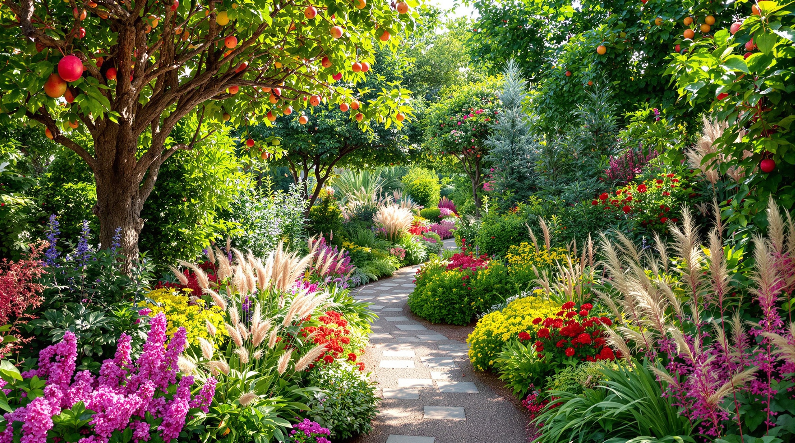 Un jardin foisonnant d’arbres fruitiers, d’arbustes fleuris, de vivaces éclatantes et de graminées légères – le bazar végétal rêvé.