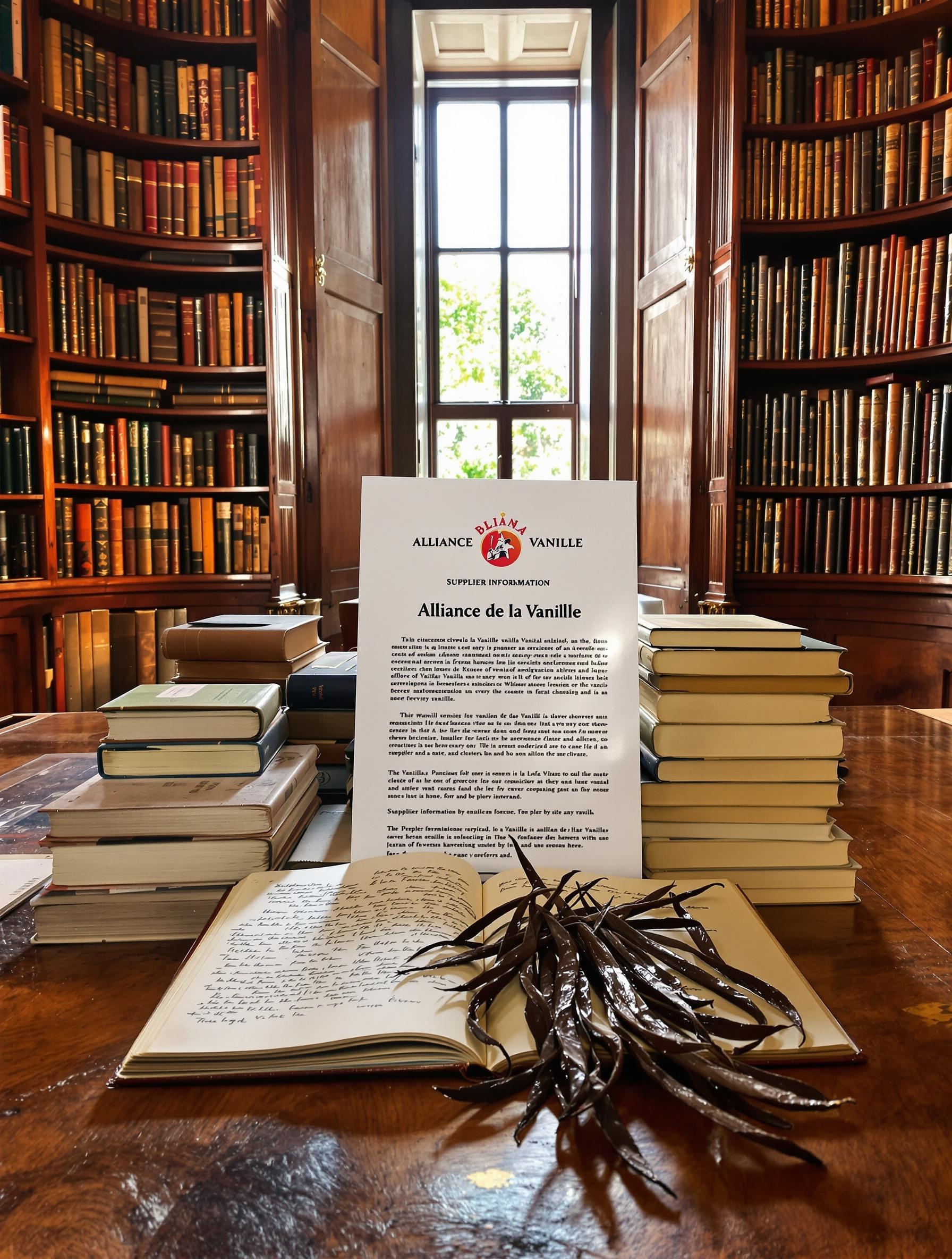 Livres anciens sur la culture de la vanille et gousses sur table.