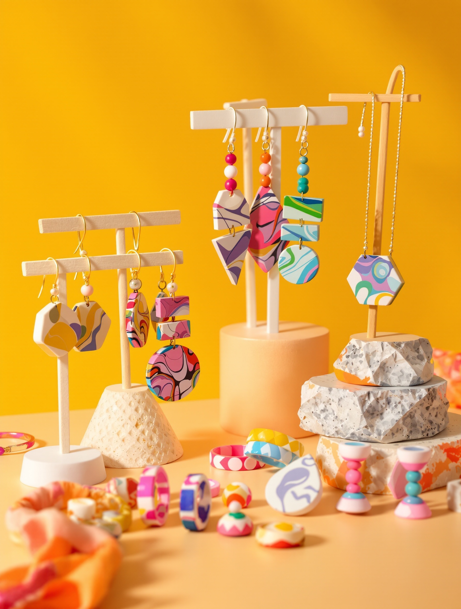 Exemples variés de bijoux fantaisie créés avec de la pâte Fimo : boucles d'oreilles colorées, pendentifs originaux et bracelets personnalisés.