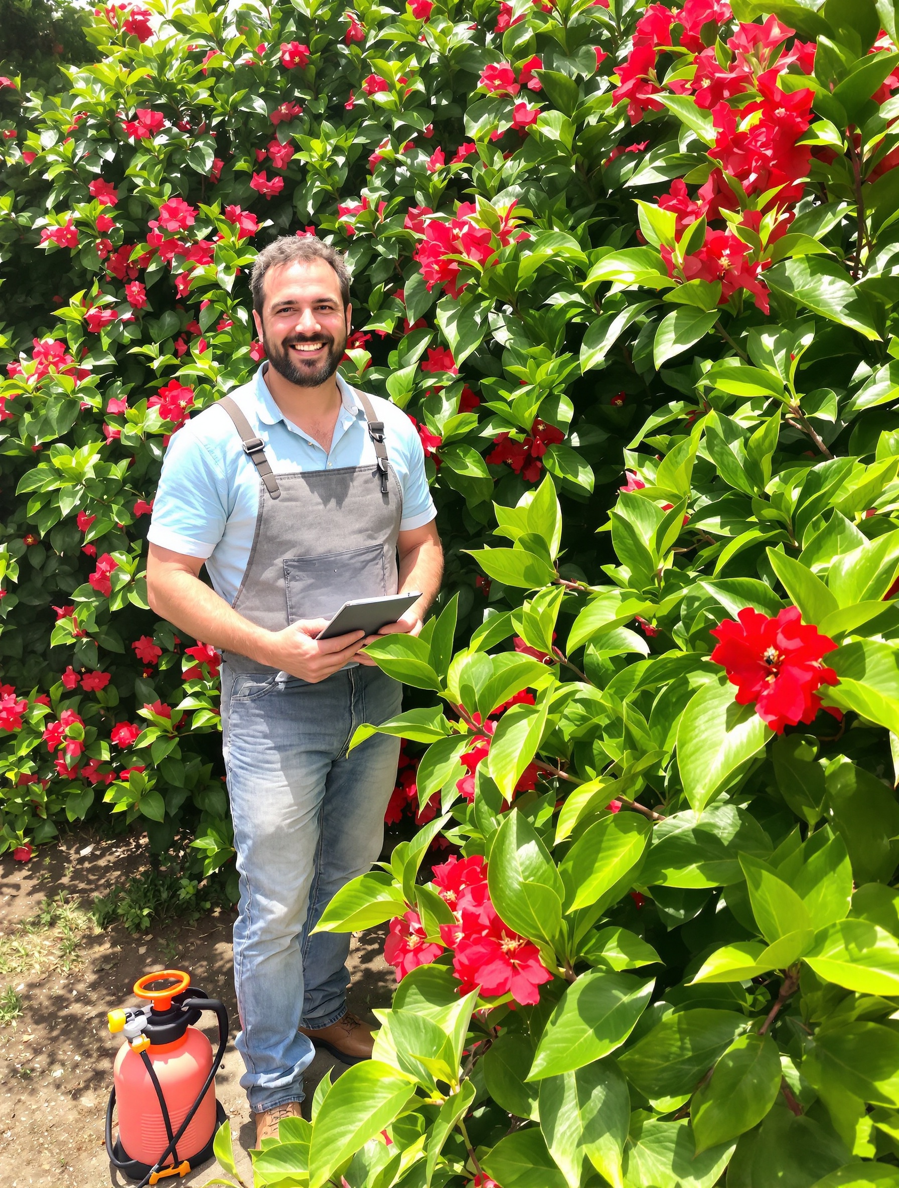 Jardinier détendu devant un laurier rose sain après traitement naturel, carnet à la main.