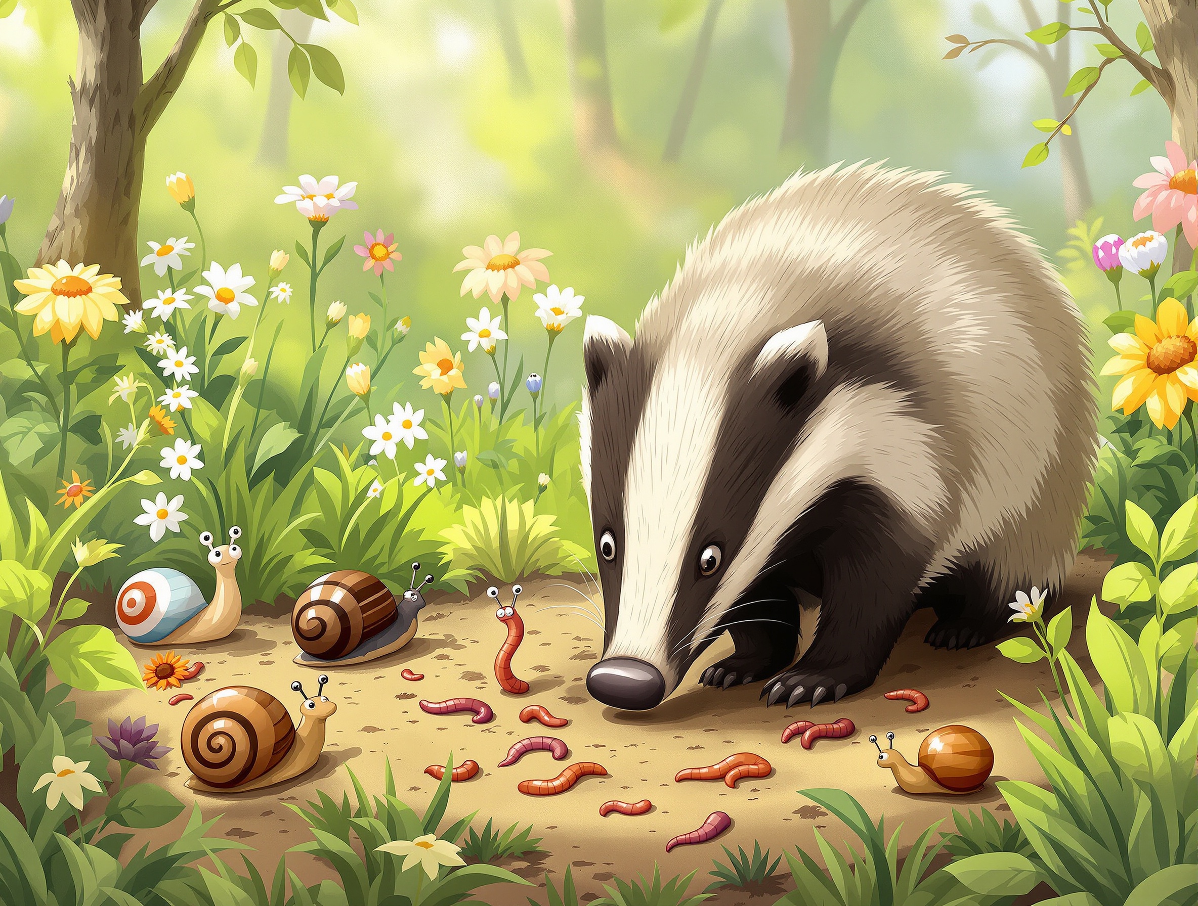 Blaireau d'Europe groin au sol entouré d'invertébrés