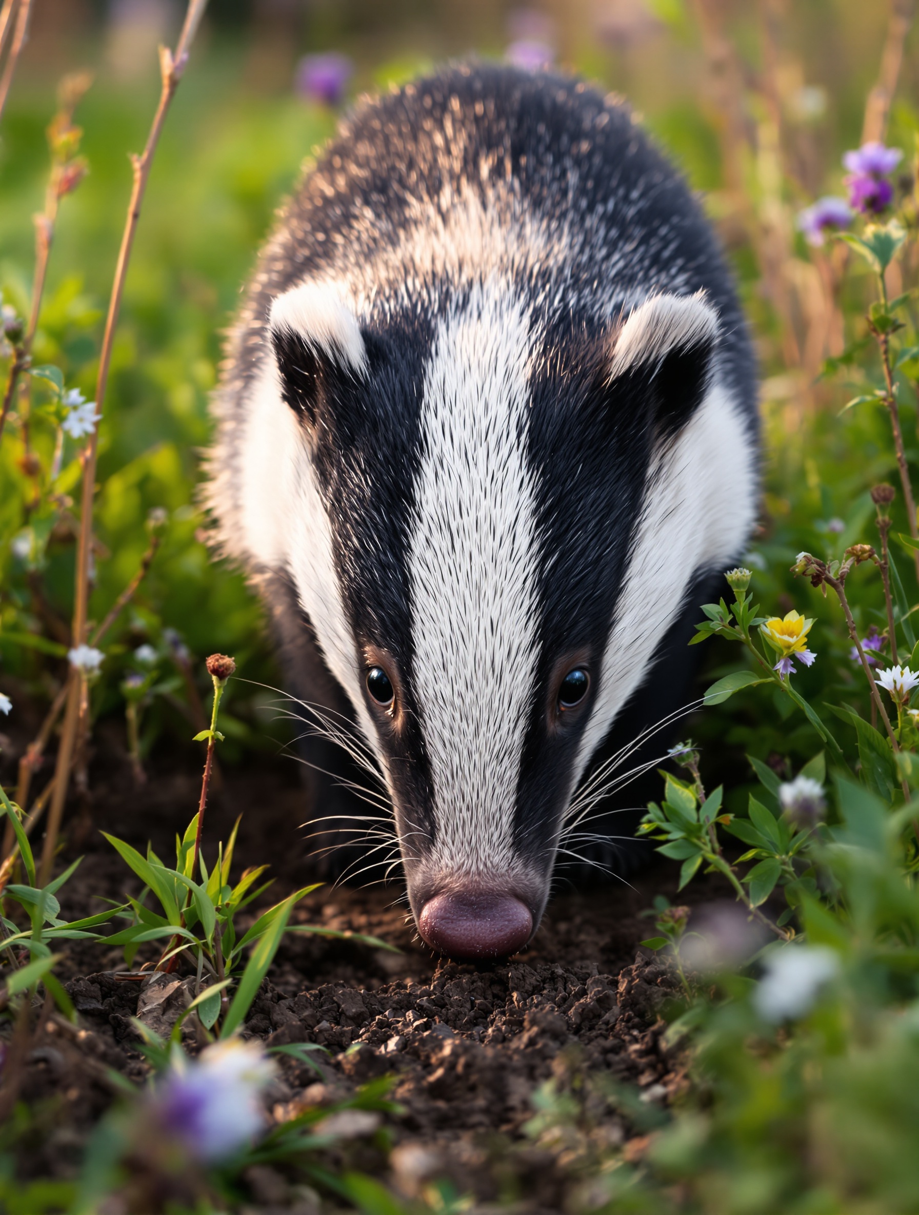 Blaireau fouillant la terre humide au crépuscule