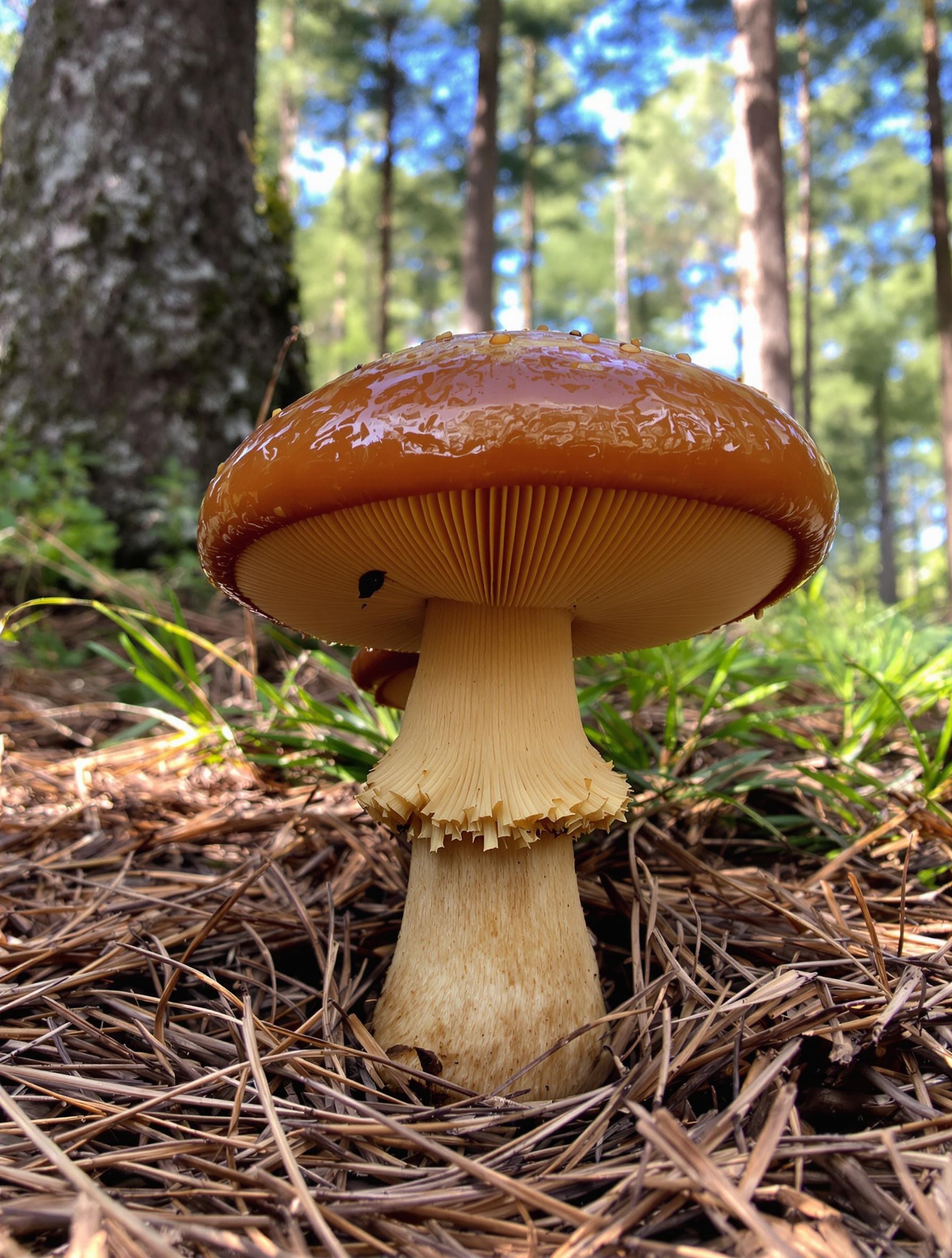 Bolet granulé avec son chapeau visqueux et son habitat sous les pins