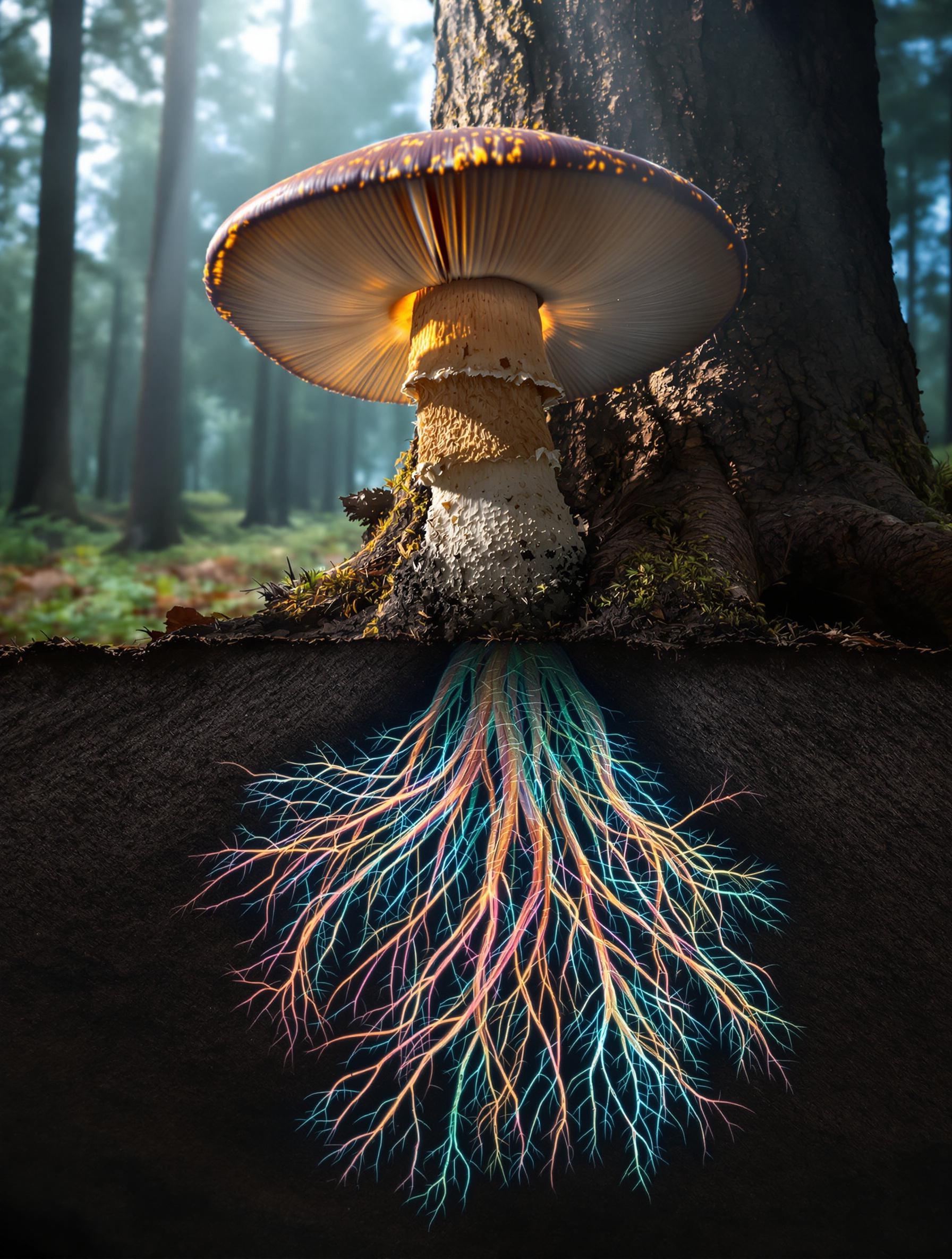 Symbiose entre le Boletus pinophilus et les racines des conifères via le mycélium.
