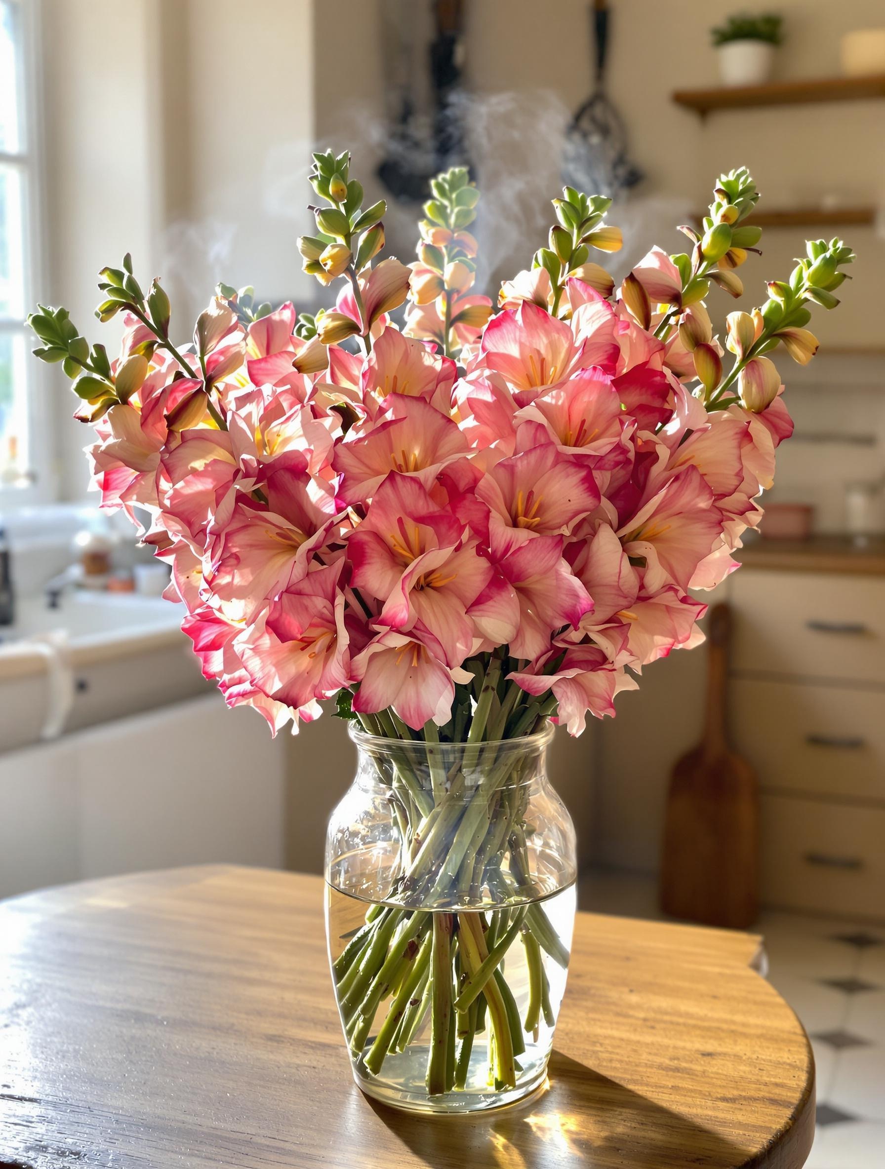 Bouquet de gueules-de-loup fraîchement coupées dans un vase, avec tiges préparées pour une meilleure tenue.