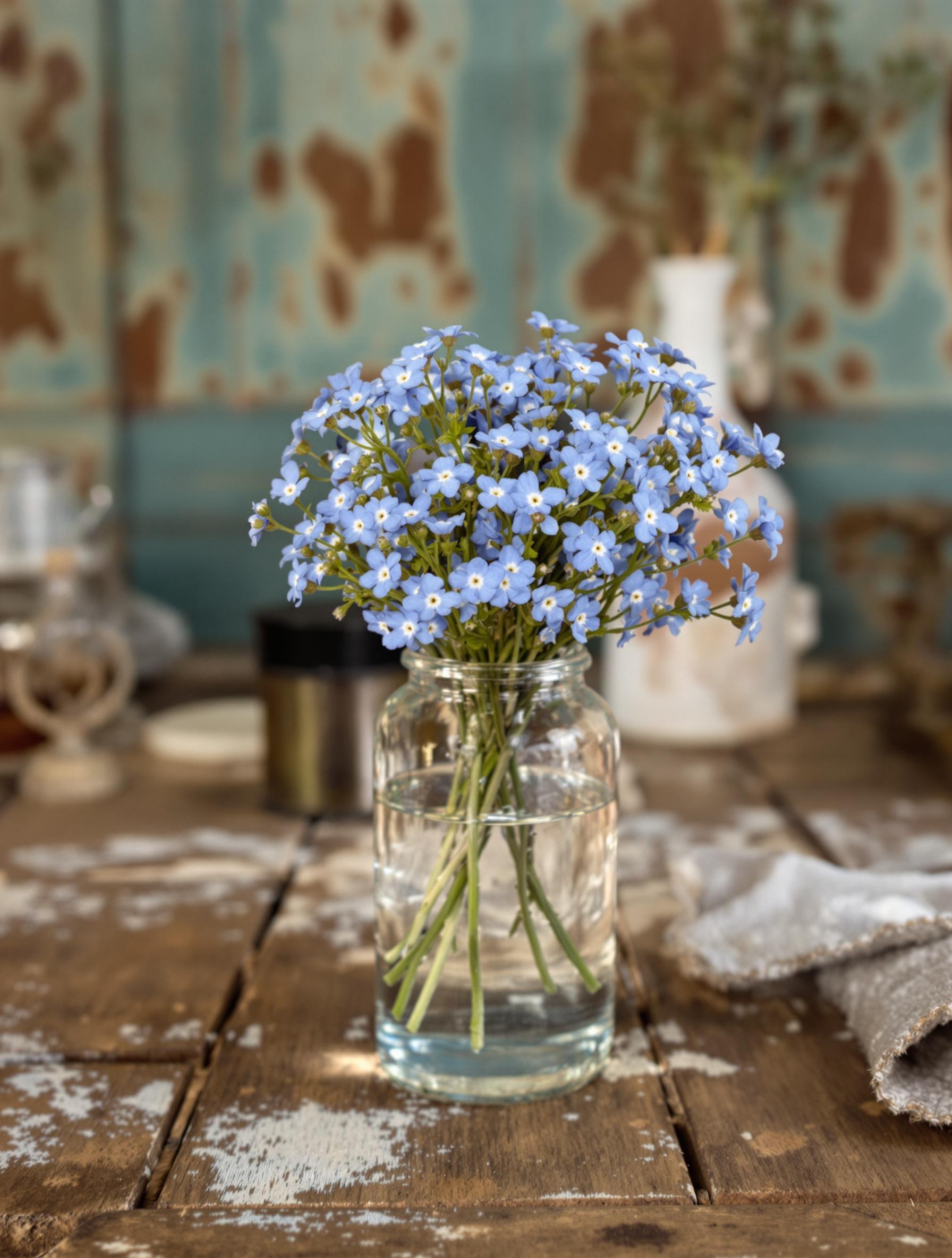 Bouquet de myosotis dans un verre d’eau pour prolonger leur fraîcheur.