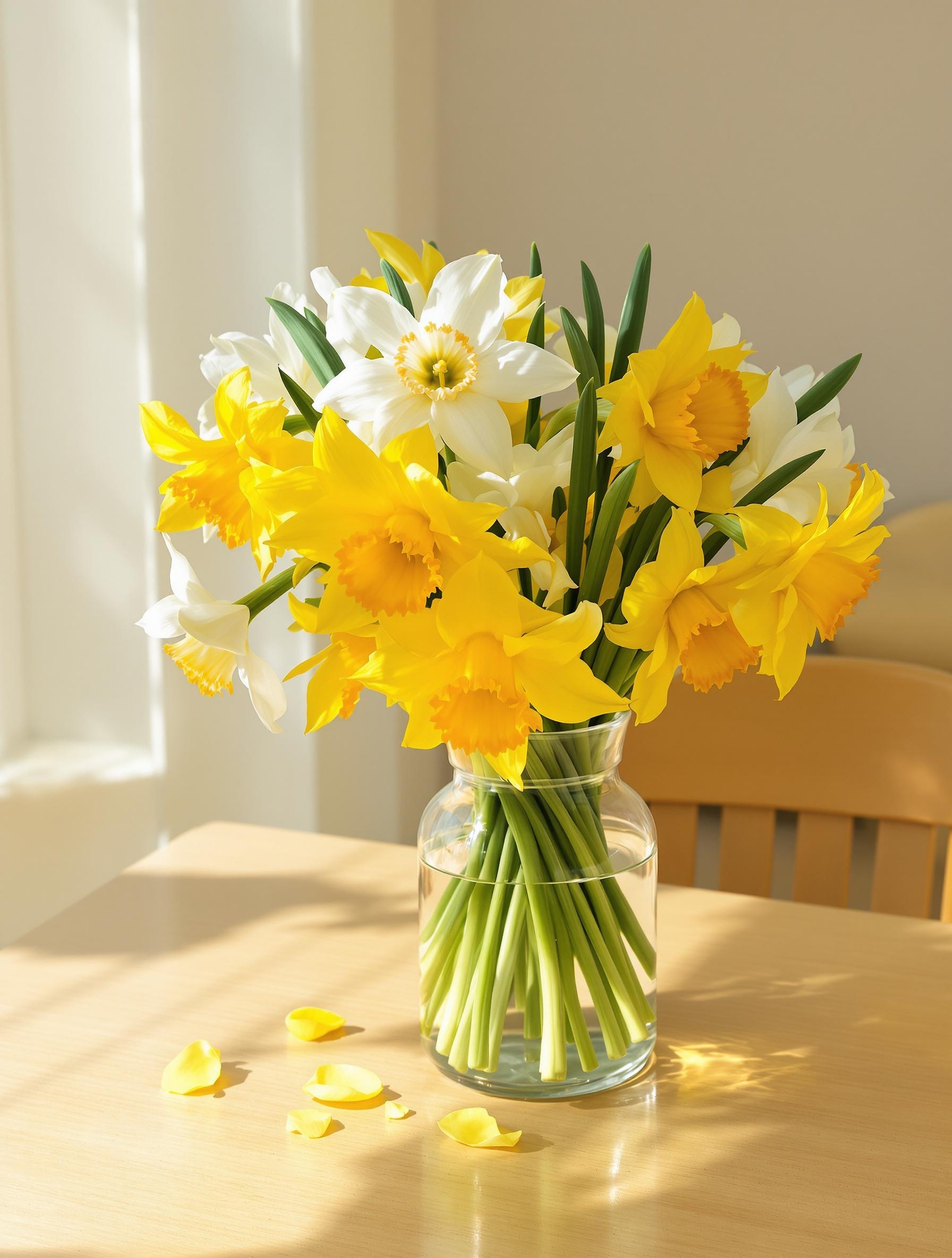 Bouquet de narcisses jaunes et blancs dans un vase transparent.