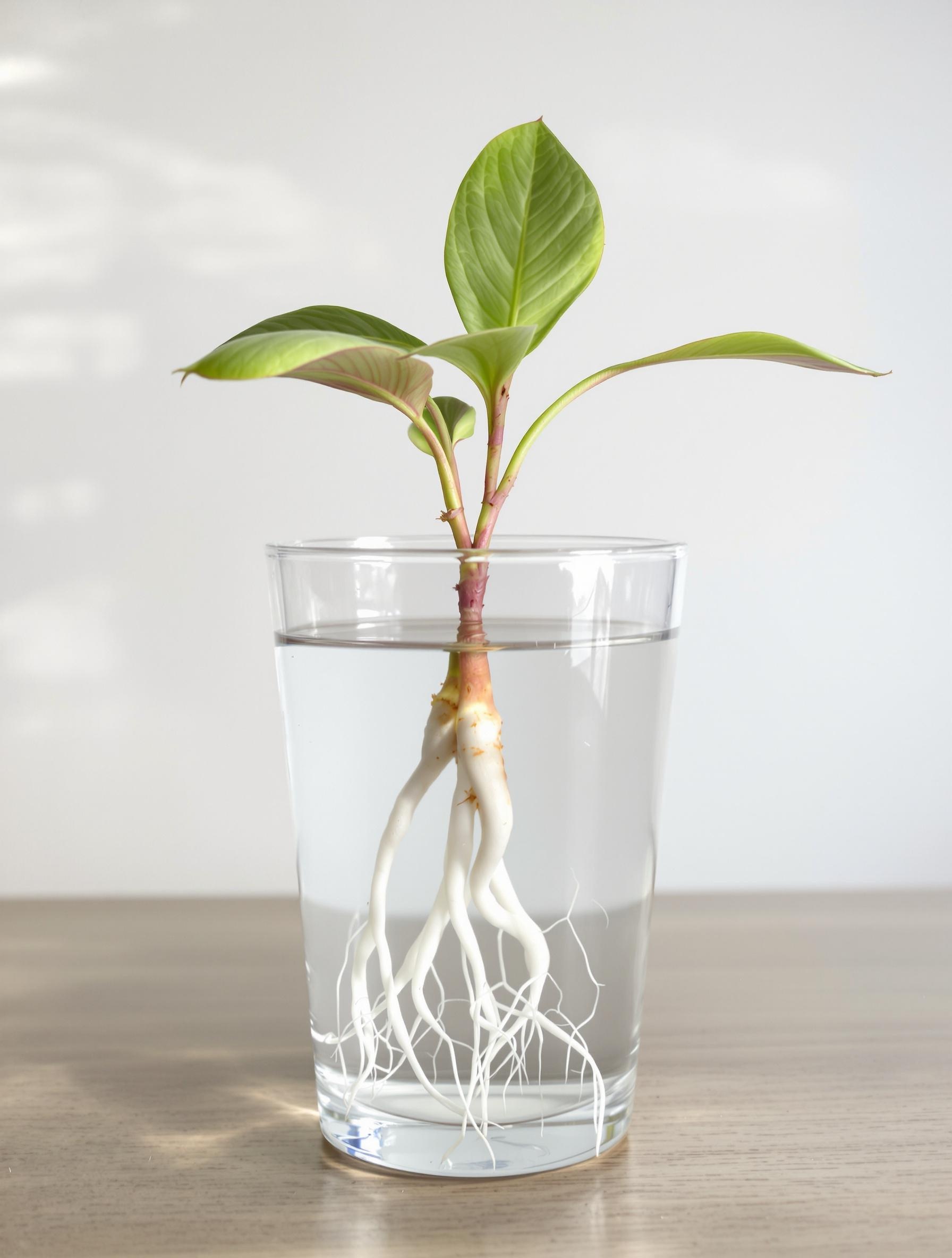 Bouture d'Impatiens de Nouvelle-Guinée dans un verre d'eau avec des jeunes racines blanches visibles