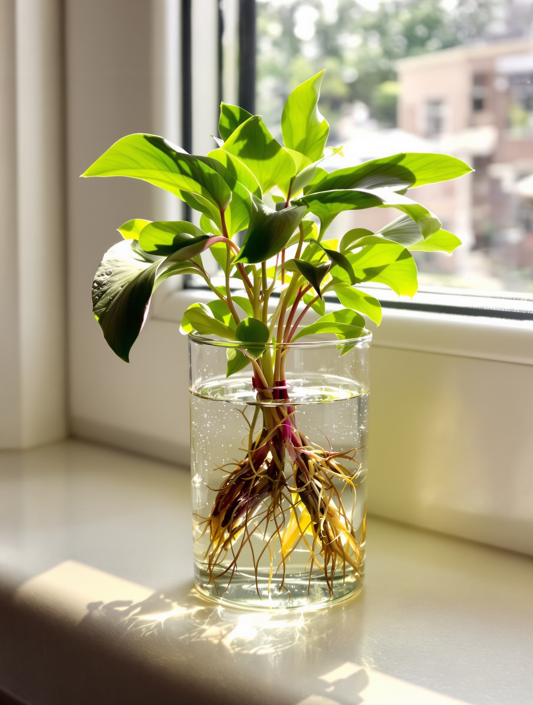 Bouture de Tradescantia avec racines solides dans un verre d'eau sur un rebord lumineux