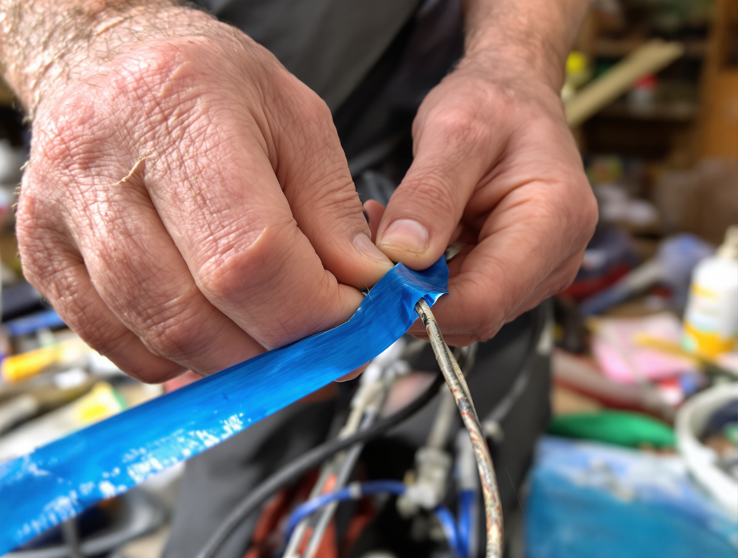 bricoleur marquant ancien fil électrique avec ruban adhésif bleu vif