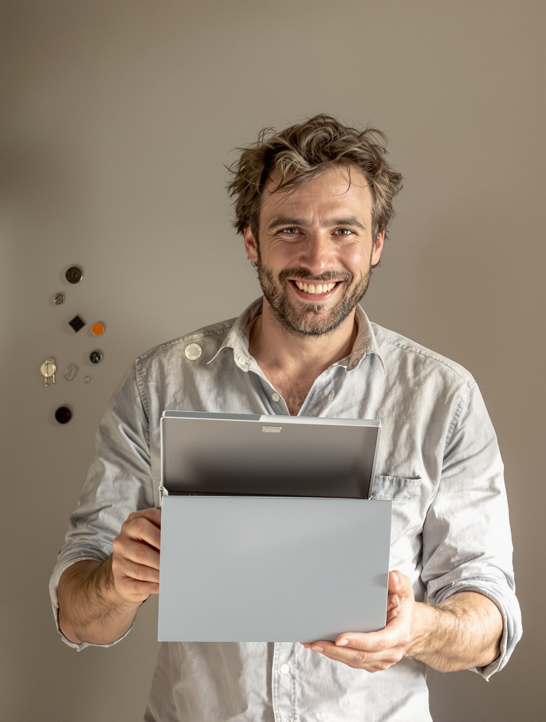 Bricoleur content devant une boîte aux lettres ouverte et outils artisanaux