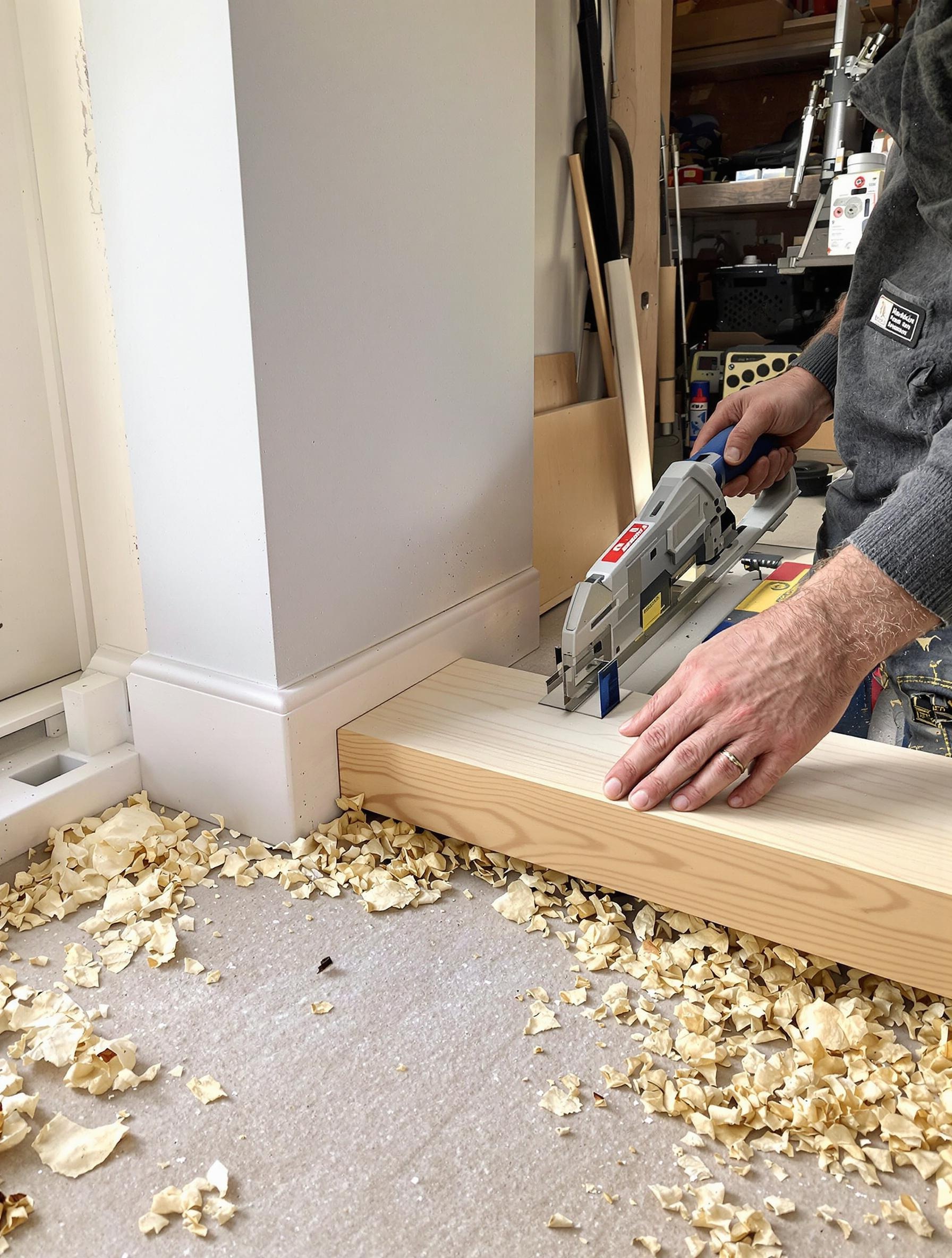 Bricoleur effectuant une coupe d’onglet à 45° sur une plinthe en bois pour un angle sortant dans un atelier.