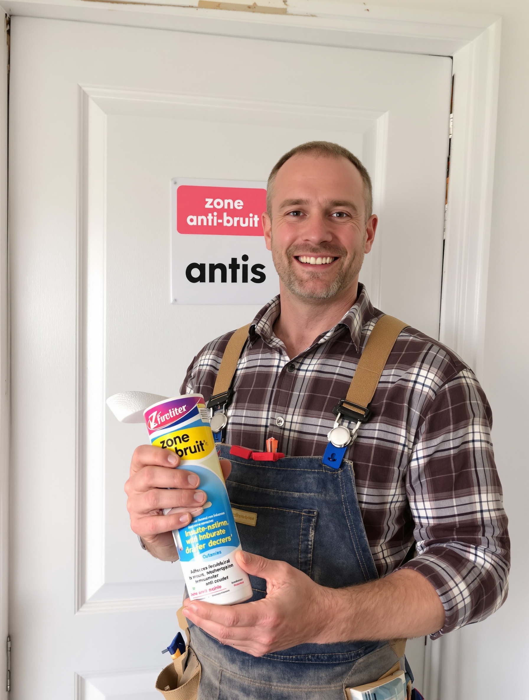 bricoleur satisfait devant porte isolée, joint et boudin à la main, panneau zone anti-bruit