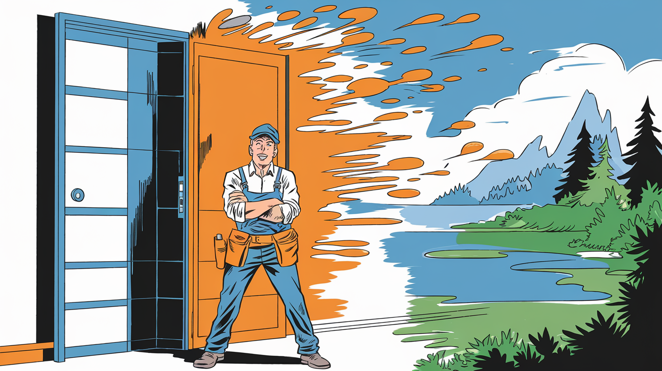 bricoleur bras croisés devant une porte, bulles de sons, BD humoristique