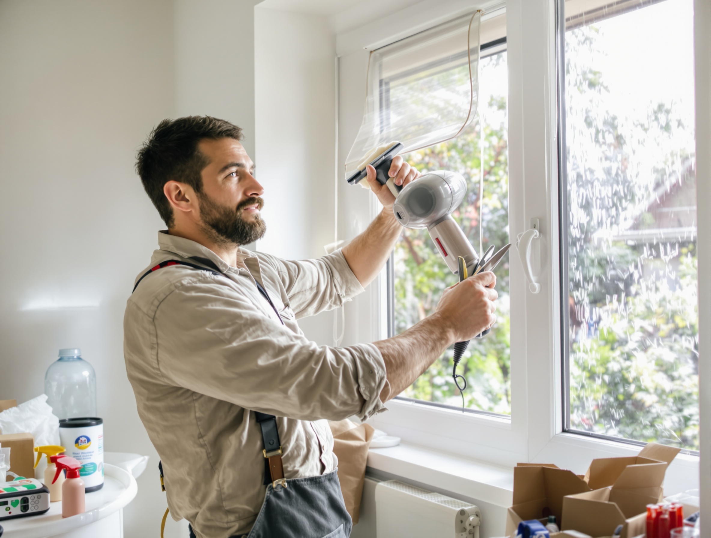 Pose film isolant fenêtre sèche-cheveux raclette humour DIY
