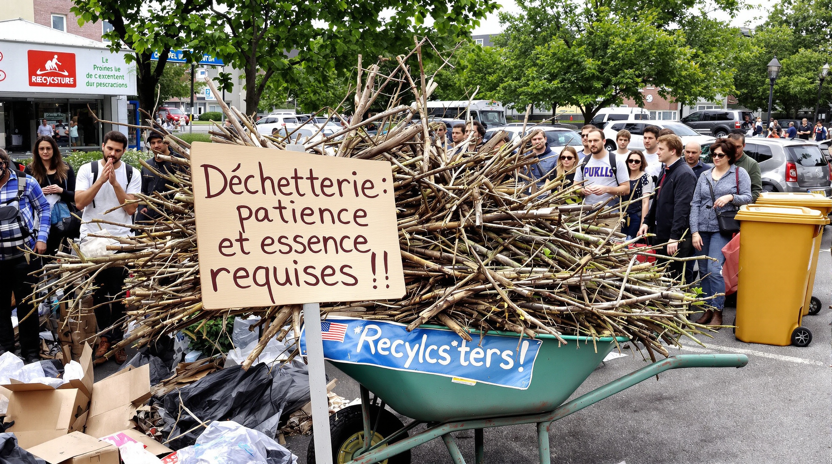 Brouette pleine de branchages devant une déchetterie
