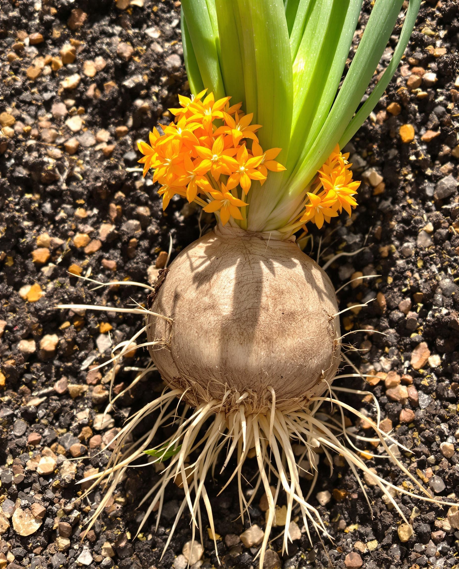 Bulbe d’Ornithogalum dubium avec sol drainé et fleurs orange